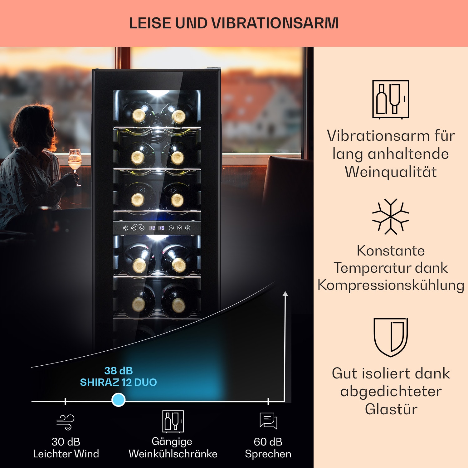 Shiraz 12 Duo Weinkühlschrank 2 Zonen 42L/12 Flaschen 5-12 / 12-18 °C Touch 12 Flaschen | 2 Kühlzonen | Schwarz