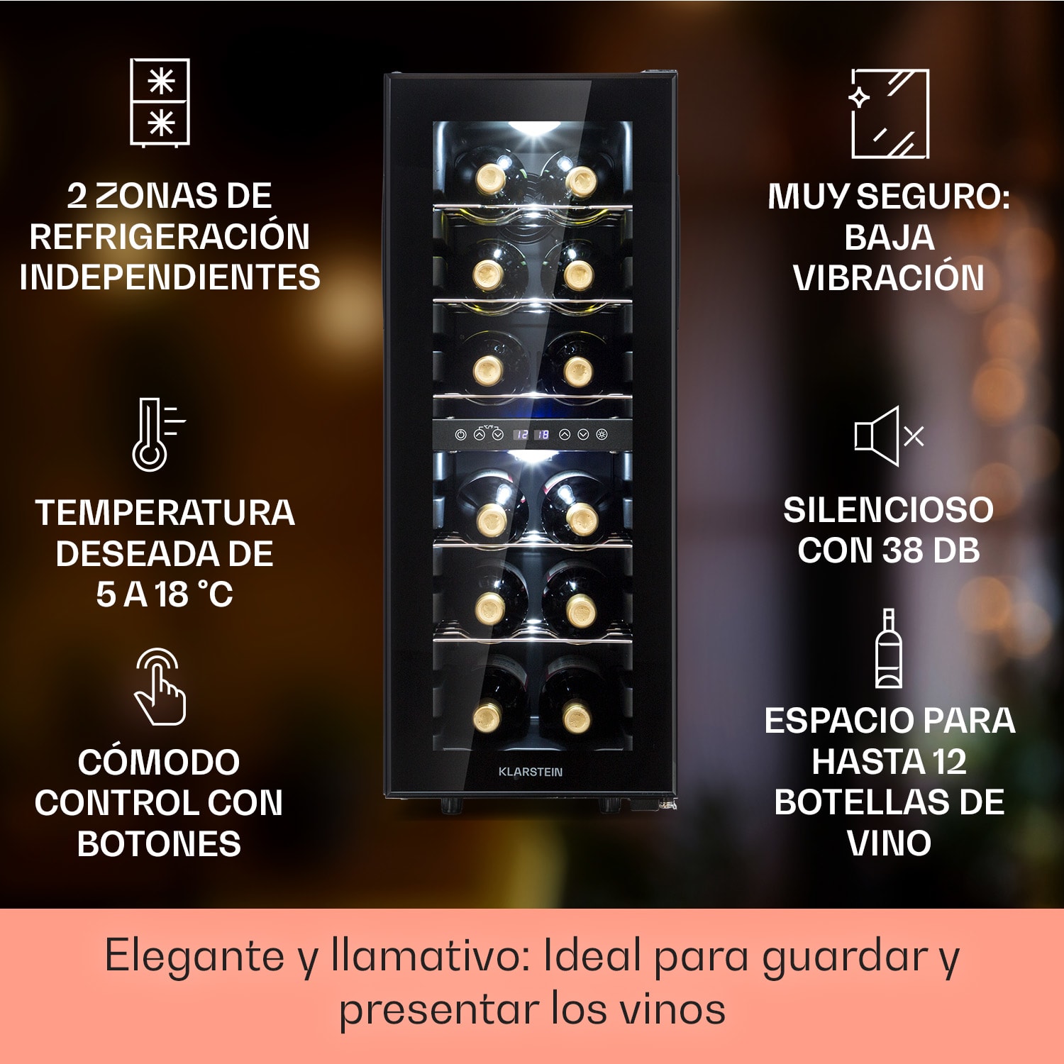 Shiraz 12 Duo enfriador de vino 2 zonas 42L/12 botellas 5-12 / 12-18 °C táctil 12 botellas | 2 zonas de refrigeración | Negro