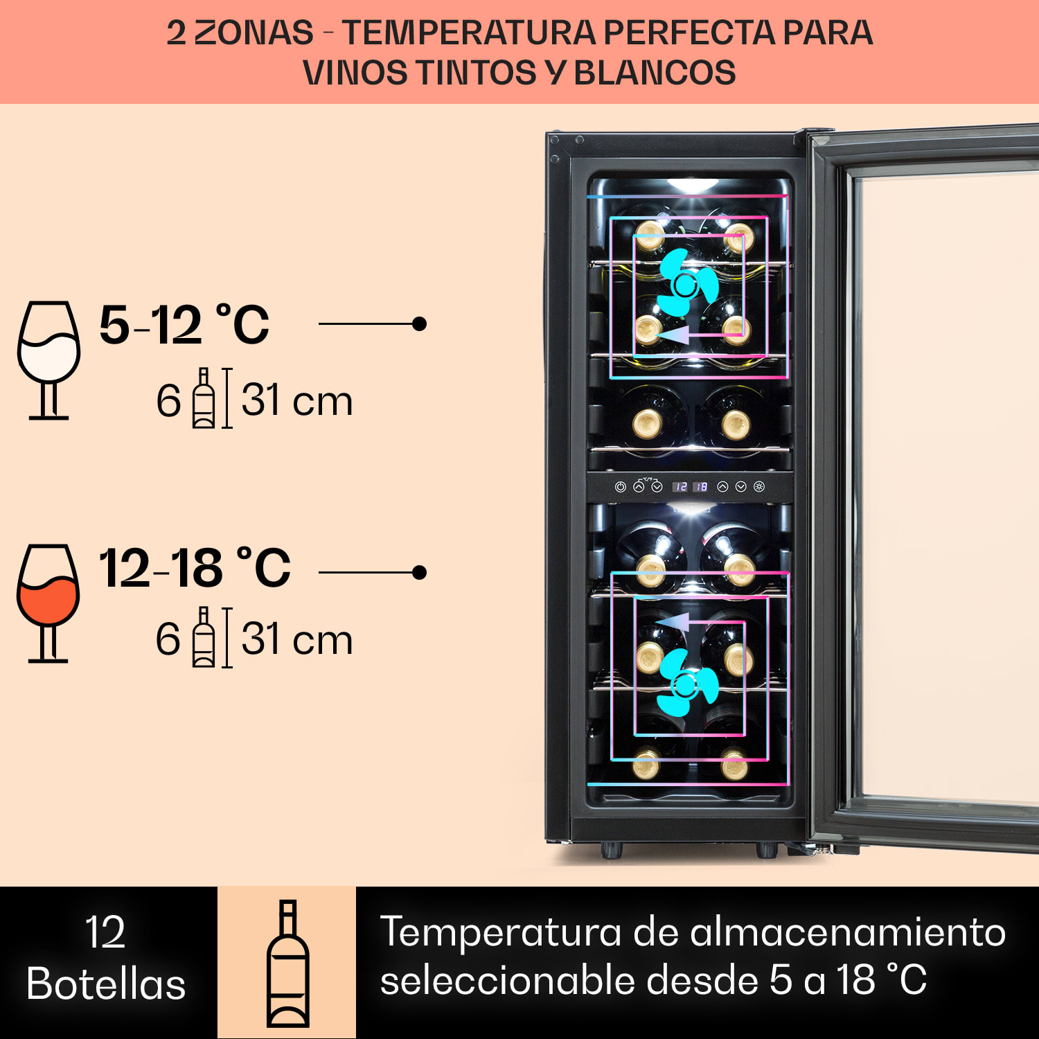 Shiraz 12 Duo enfriador de vino 2 zonas 42L/12 botellas 5-12 / 12-18 °C táctil 12 botellas | 2 zonas de refrigeración | Negro