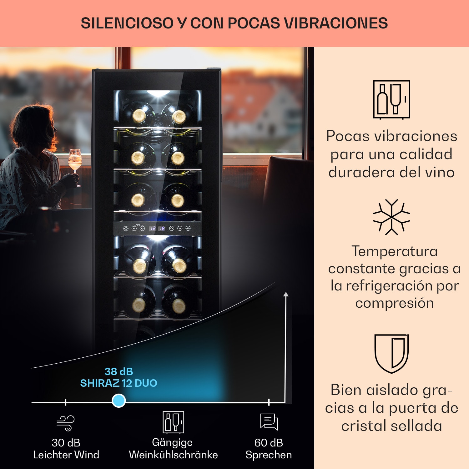 Shiraz 12 Duo enfriador de vino 2 zonas 42L/12 botellas 5-12 / 12-18 °C táctil 12 botellas | 2 zonas de refrigeración | Negro