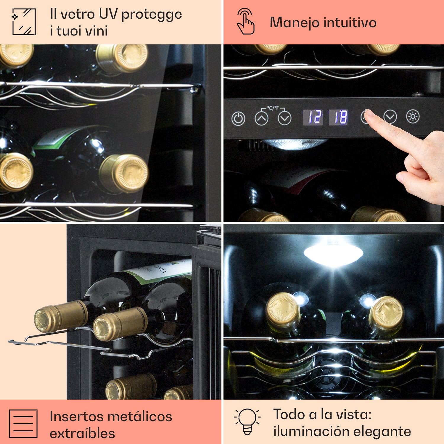Shiraz 12 Duo enfriador de vino 2 zonas 42L/12 botellas 5-12 / 12-18 °C táctil 12 botellas | 2 zonas de refrigeración | Negro