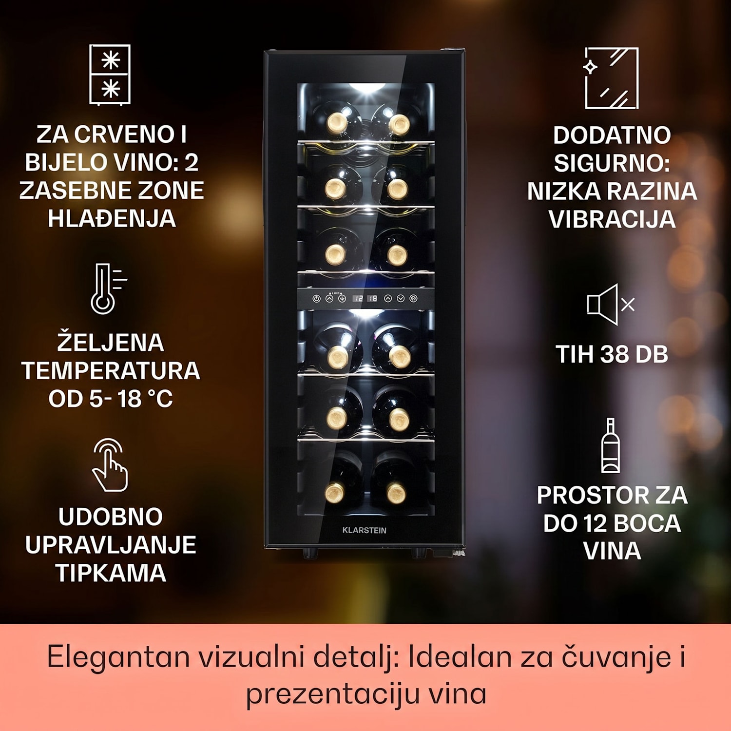 Shiraz 12 Duo hladnjak za vino 2 zone 42L/12 boca 5-12 / 12-18 °C Touch 12 boca | 2 | Crna