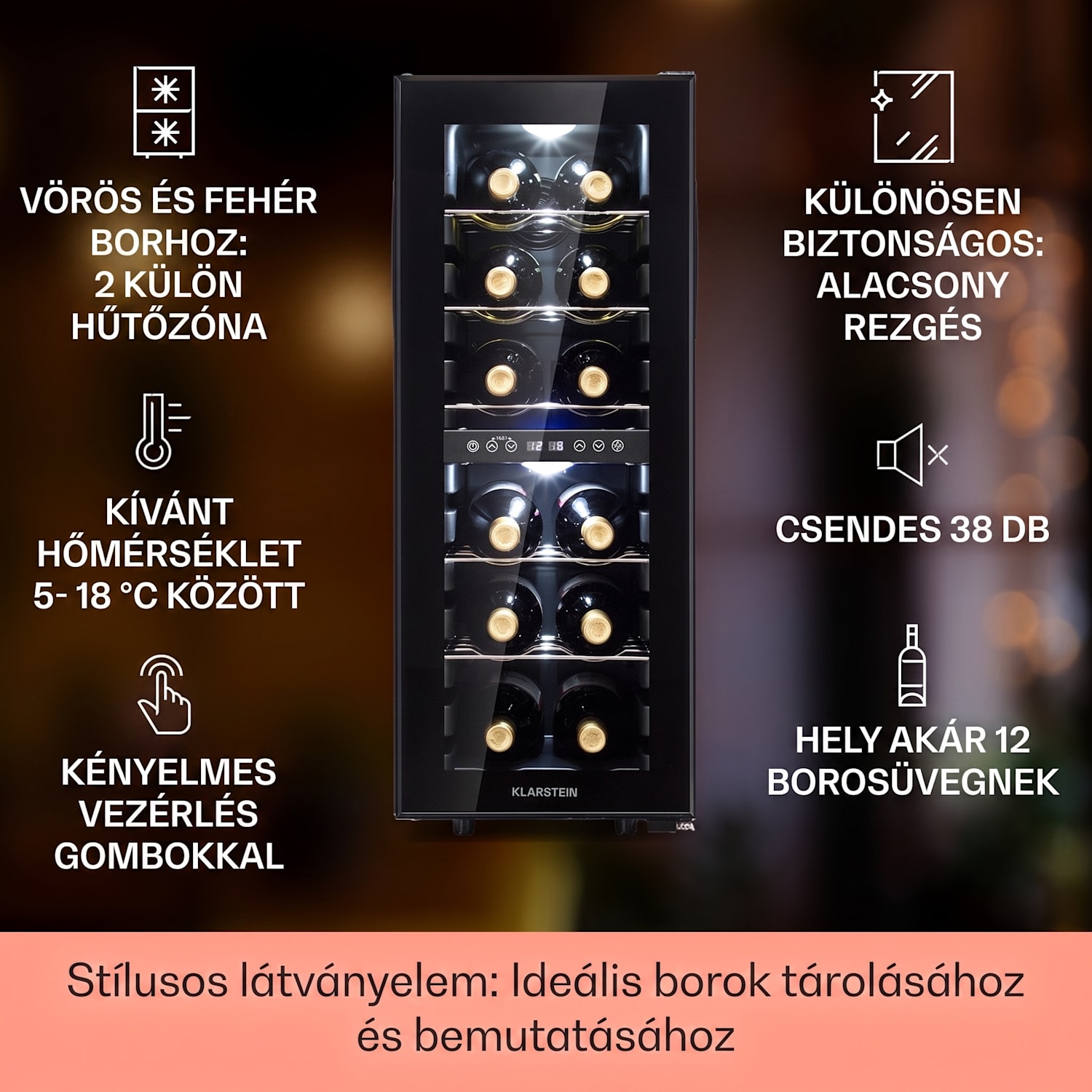 Shiraz 12 Duo borhűtő, 42 liter, 12 palack, 2 zóna, 5-12 / 12-18 °C, érintős 12 palack | 2 hűtőzóna | Fekete