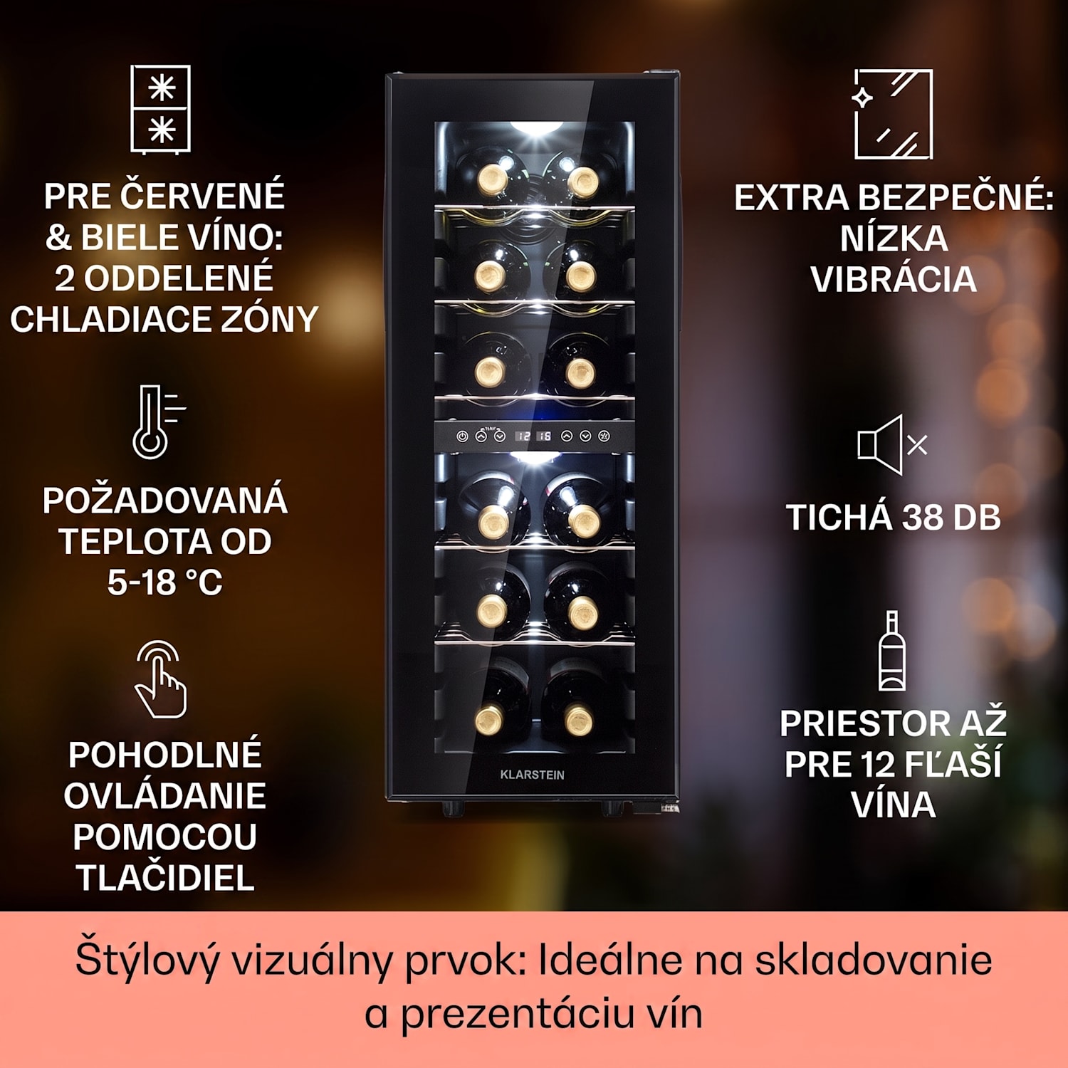 Shiraz 12 Duo, vinotéka, 42 l, 12 fliaš, 2 zóny 5-12 / 12-18°C, dotykové ovládanie 12 fliaš | 2 chladiace zóny | Čierna