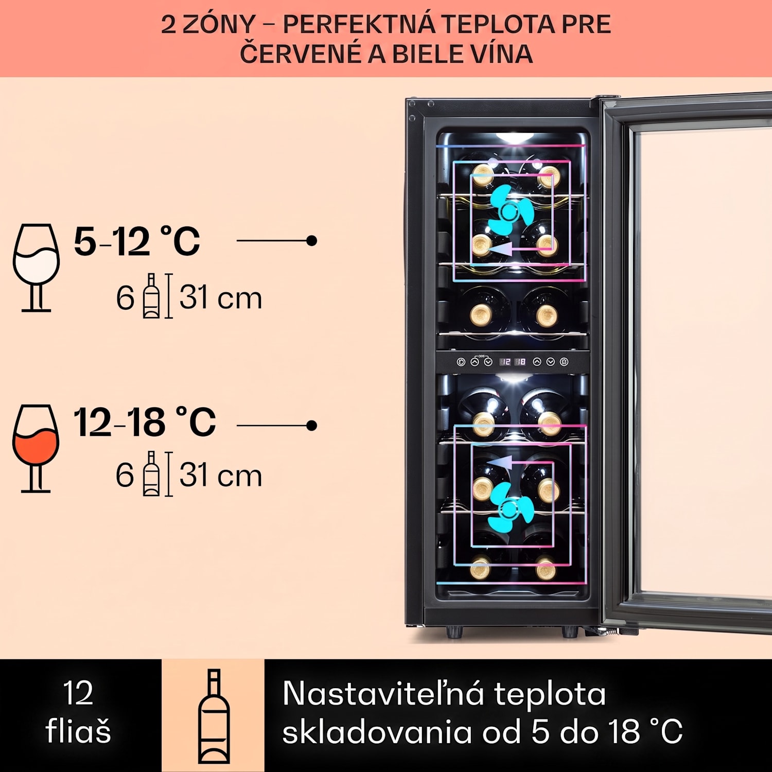 Shiraz 12 Duo, vinotéka, 42 l, 12 fliaš, 2 zóny 5-12 / 12-18°C, dotykové ovládanie 12 fliaš | 2 chladiace zóny | Čierna