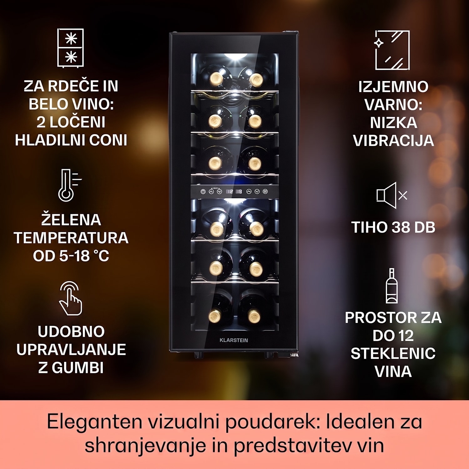 Shiraz 12 Duo, vinski hladilnik, 2 coni, 42L/12 steklenic, 5-12 / 12-18 °C, Touch 12 steklenic | 2 | Črna