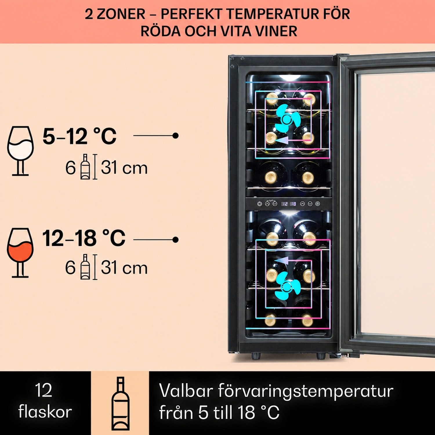 Shiraz 12 Duo vinkyl 2 zoner 42L/12 flaskor 5-12 / 12-18 °C Touch 12 flaskor | 2 kylzoner | Svart