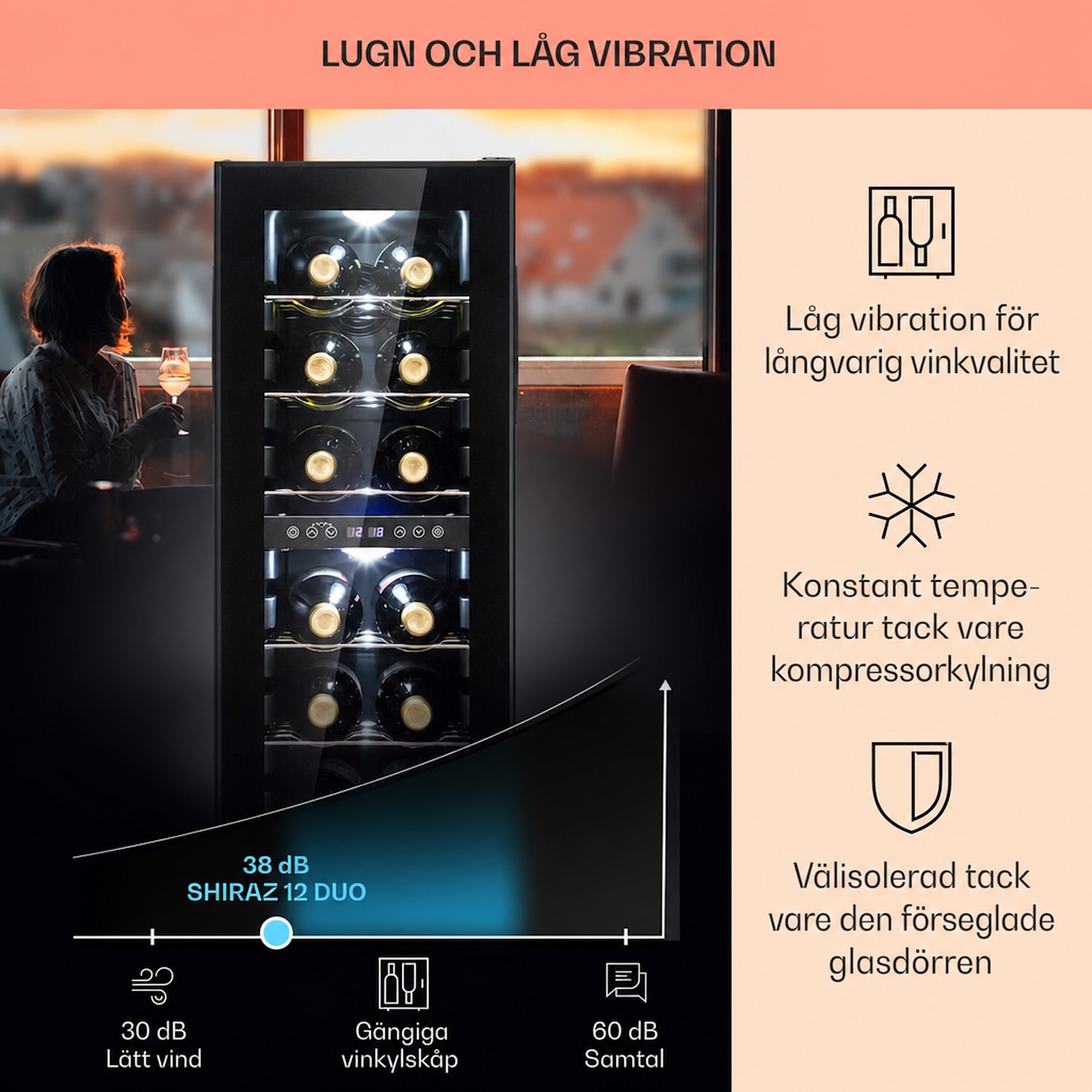 Shiraz 12 Duo vinkyl 2 zoner 42L/12 flaskor 5-12 / 12-18 °C Touch 12 flaskor | 2 kylzoner | Svart