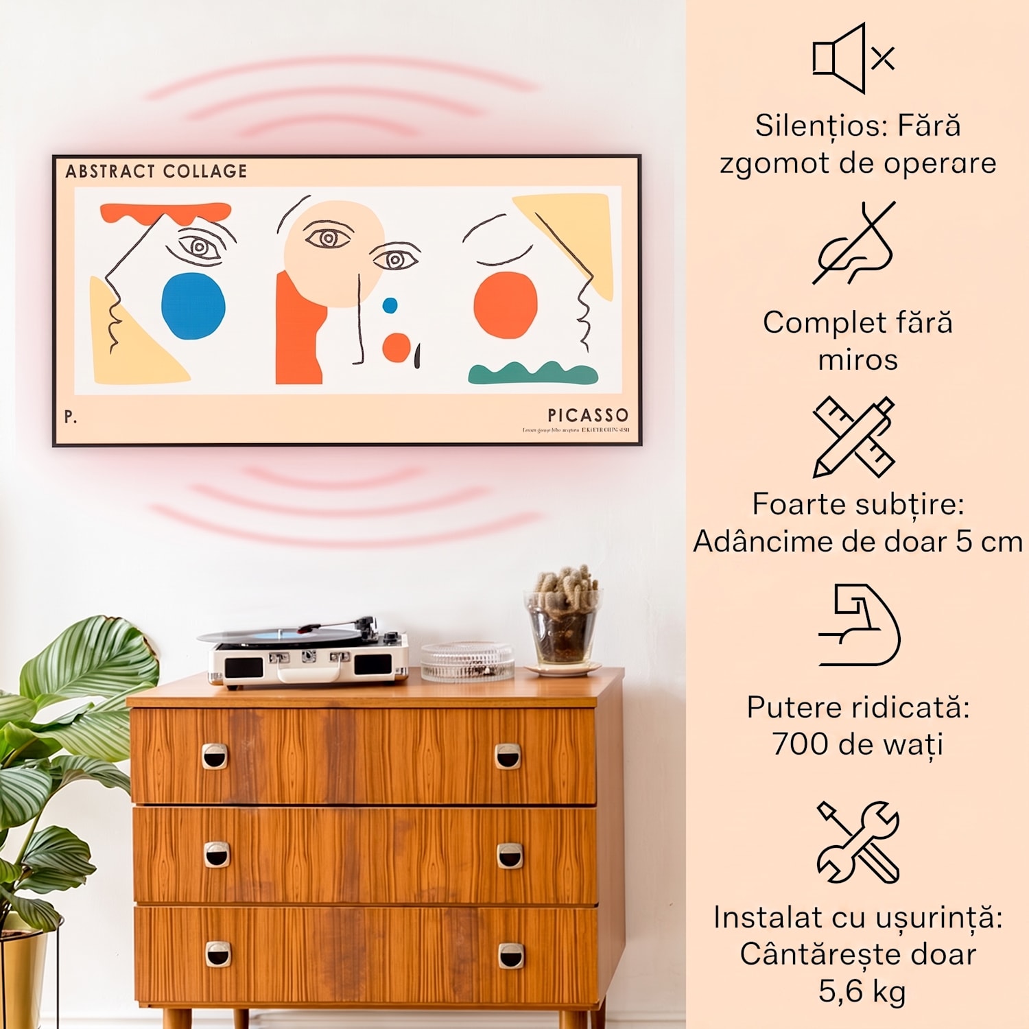 Wonderwall Air Art, încălzitor inteligent cu infraroșu, 60 x 120 cm, 700 W, instalare pe perete, control prin aplicație, abstract 