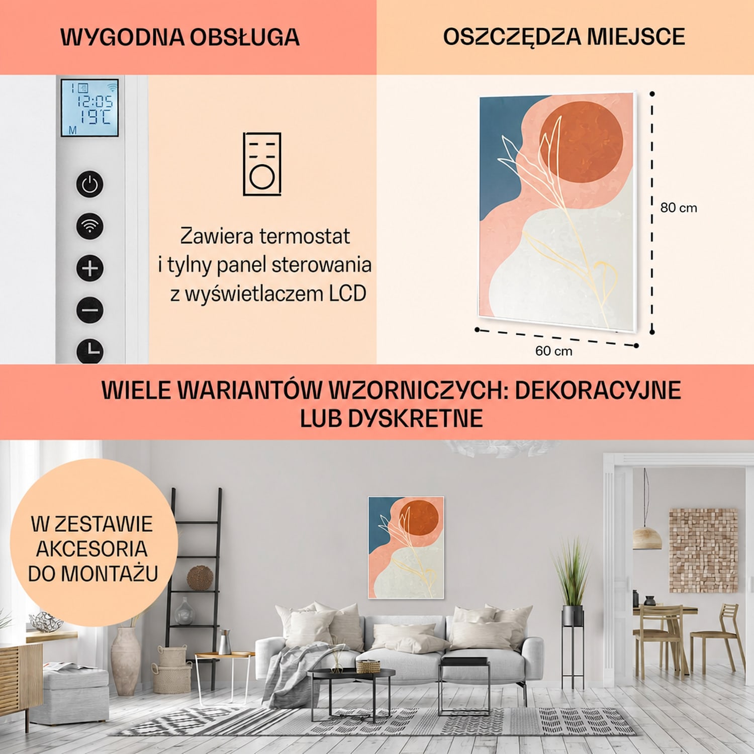 Wonderwall Air Art Smart, panel grzewczy na podczerwień, grzejnik, 60 x 80 cm, 500 W, montaż na ścianie, aplikacja, złote linie Złote linie