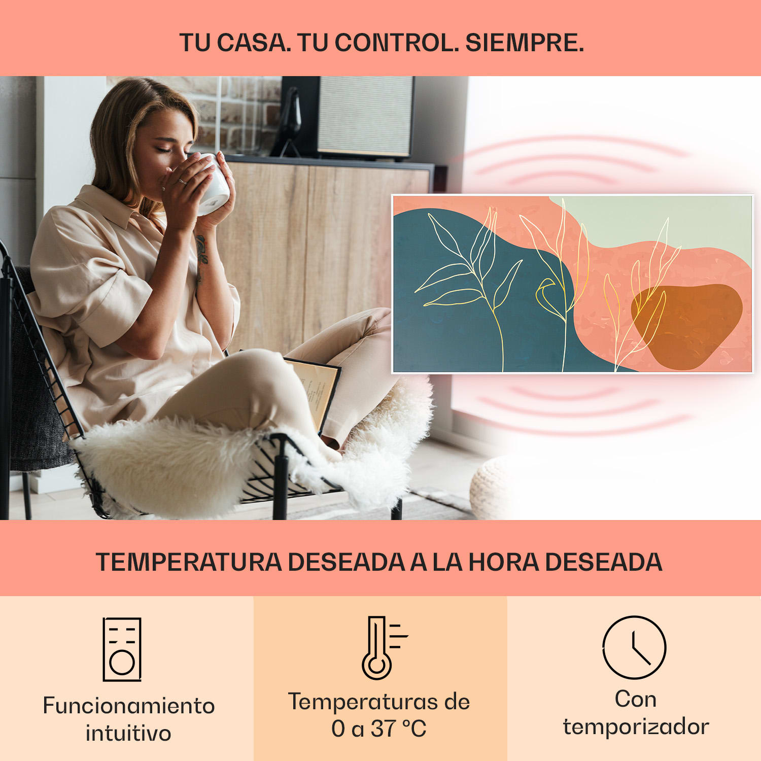 Calentador infrarrojo inteligente Wonderwall Air Art 60 x 120 cm 700 W Instalación en la pared App Control Golden Line 