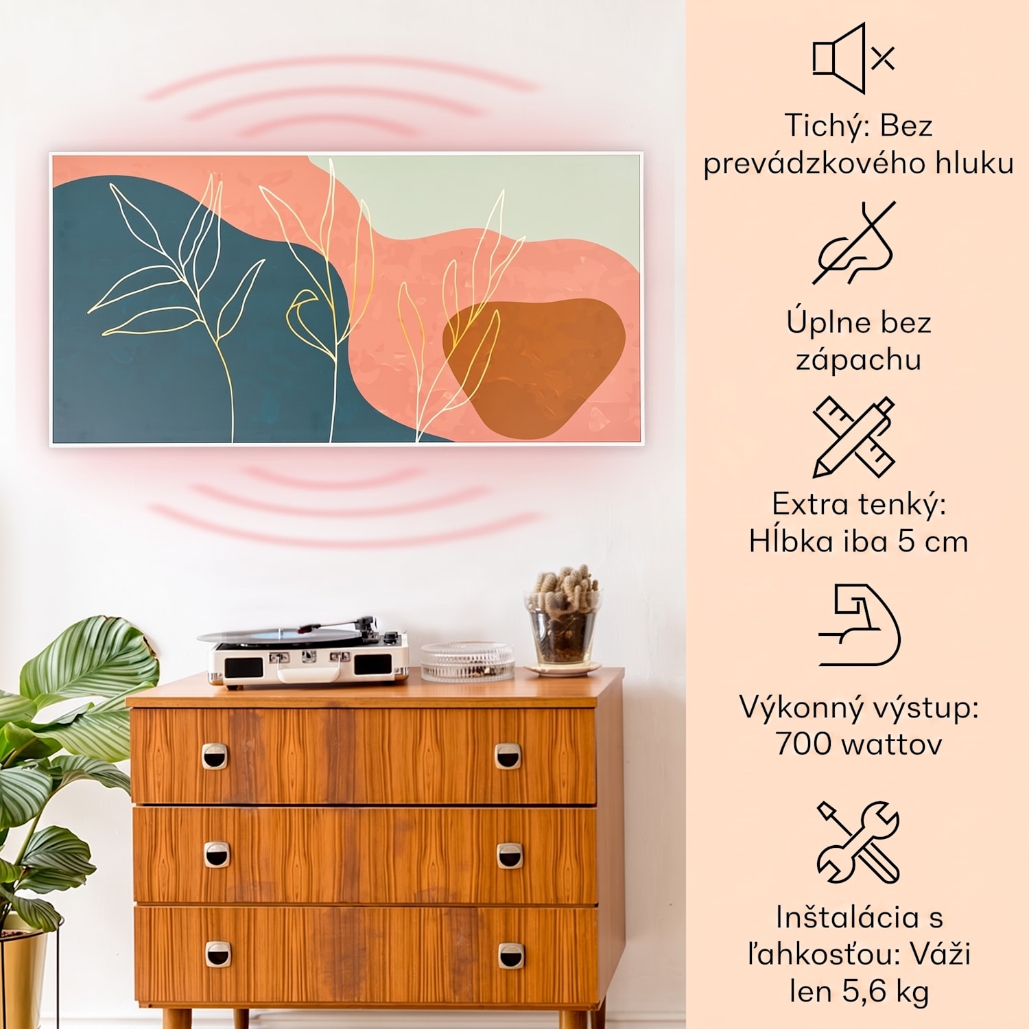 Wonderwall Air Art, infračervený smart ohrievač, 60 x 120 cm, 700 W, nástenná inštalácia, aplikácia, zlaté linky 120 x 60 cm | 700 W | Línia listov