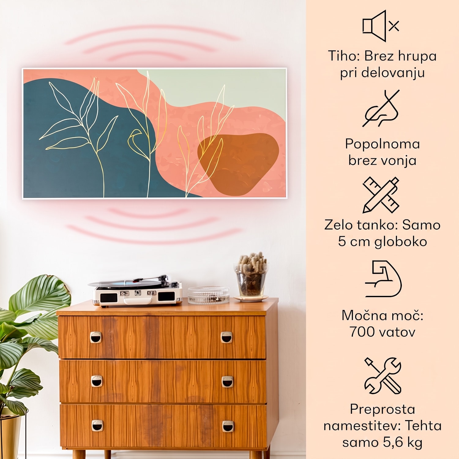 Wonderwall Air Art, infrardeči pametni grelnik, 60x120 cm, 700 W, stenska namestitev, upravljanje z aplikacijo, zlate linije 120 x 60 cm | 700 W | Linija listov