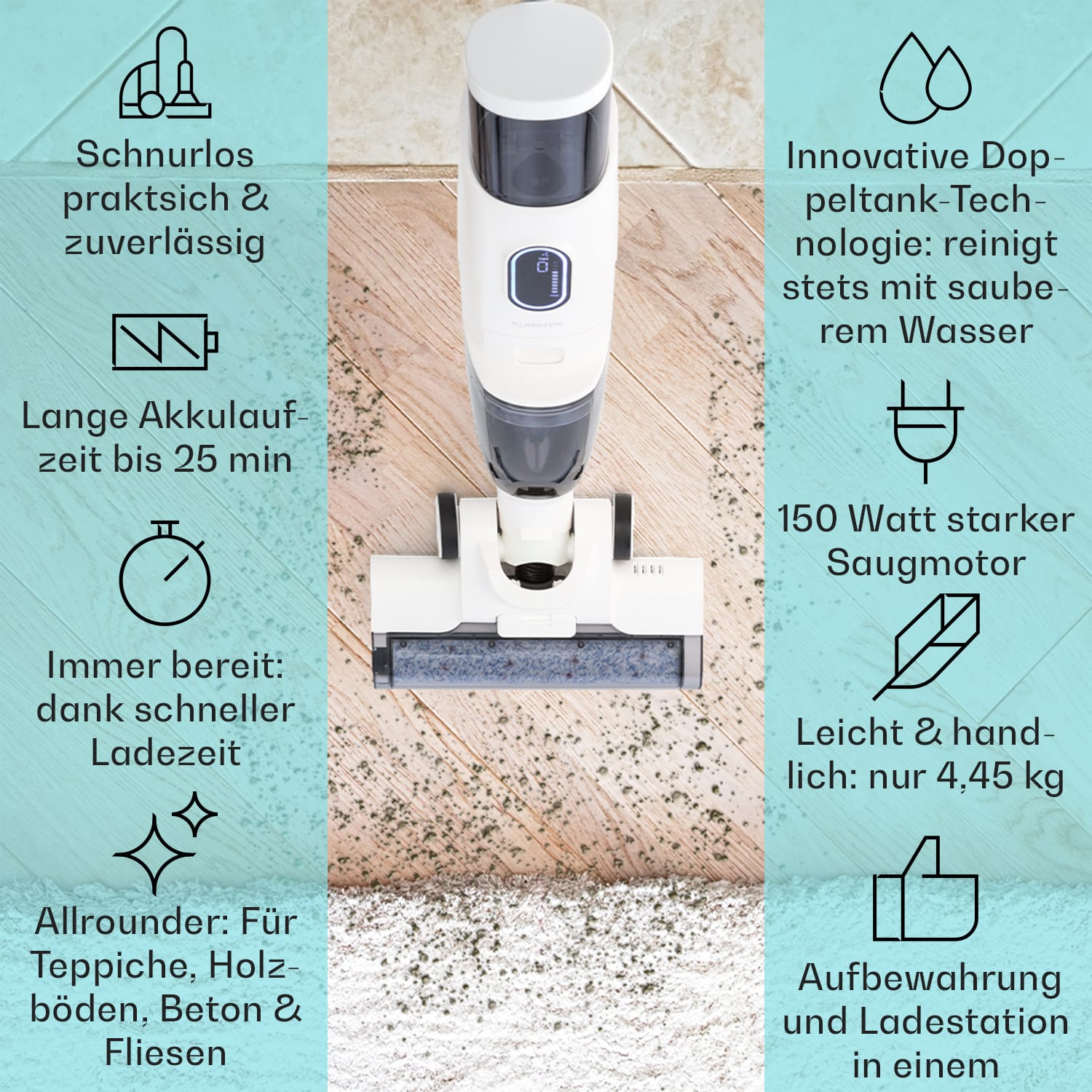 Caswell Nass-/Trockensauger kabellos akkubetrieben LED-Display Weiß