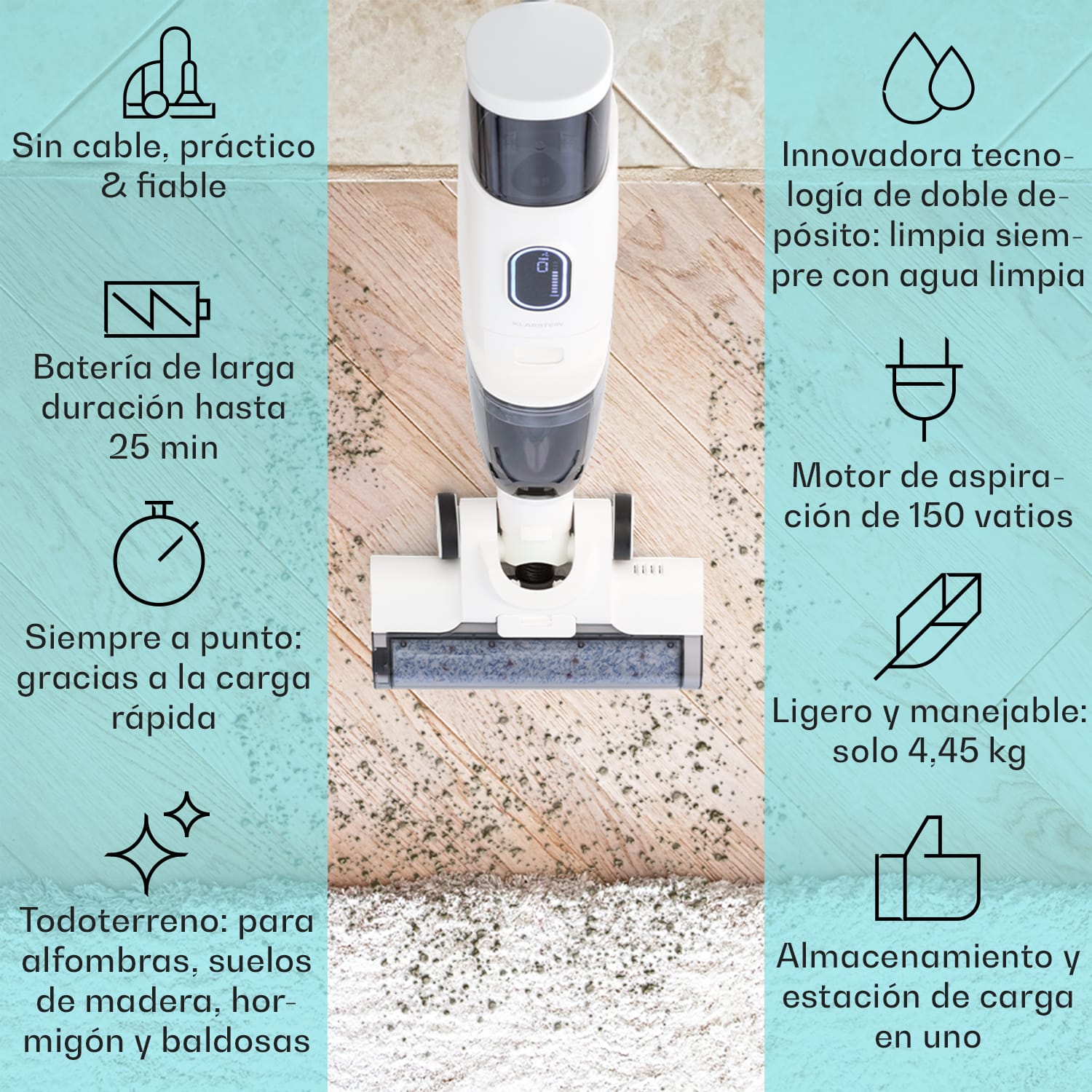 Aspiradora en seco y húmedo Caswell con batería sin cable Pantalla LED Blanco