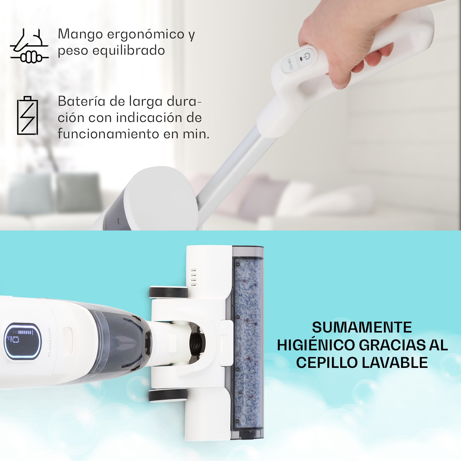 Aspiradora en seco y húmedo Caswell con batería sin cable Pantalla LED Blanco