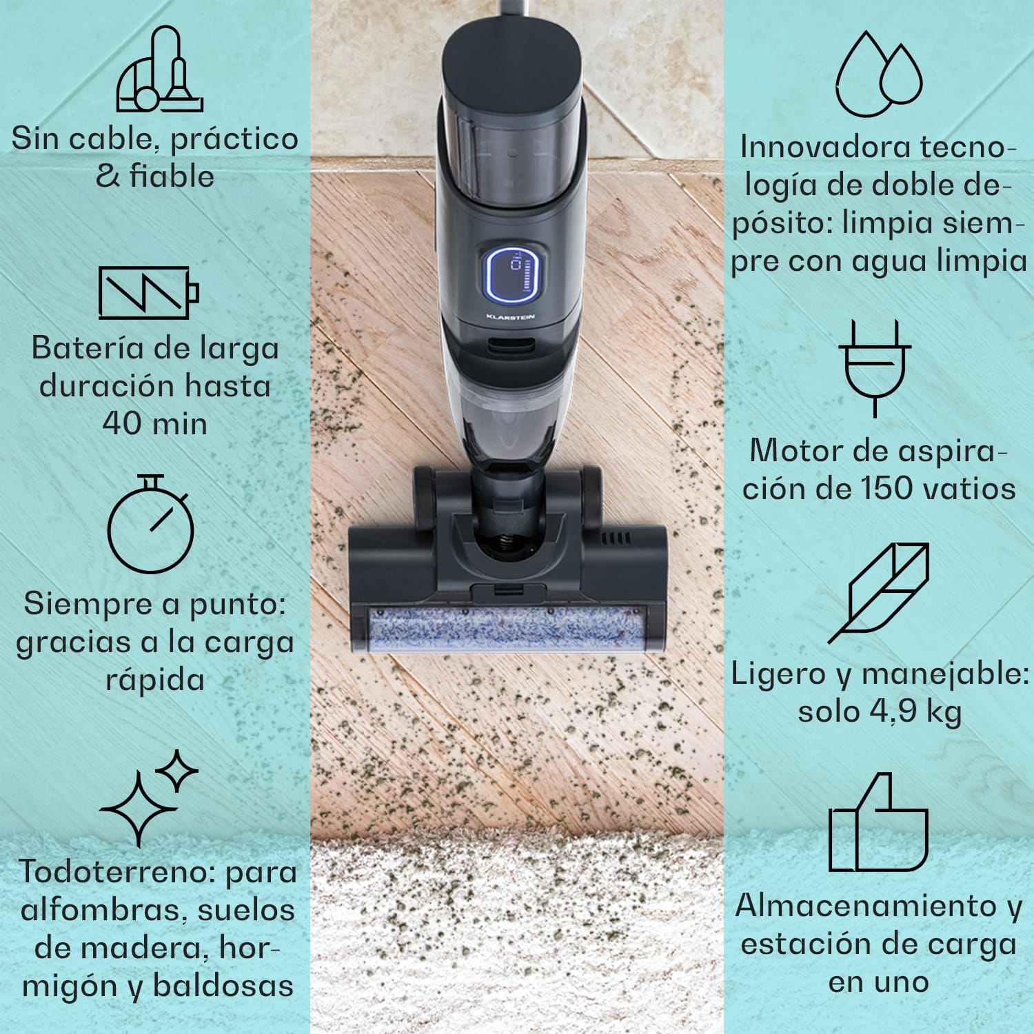 Aspiradora en seco y húmedo Caswell Plus con batería sin cable Pantalla LED Antracita