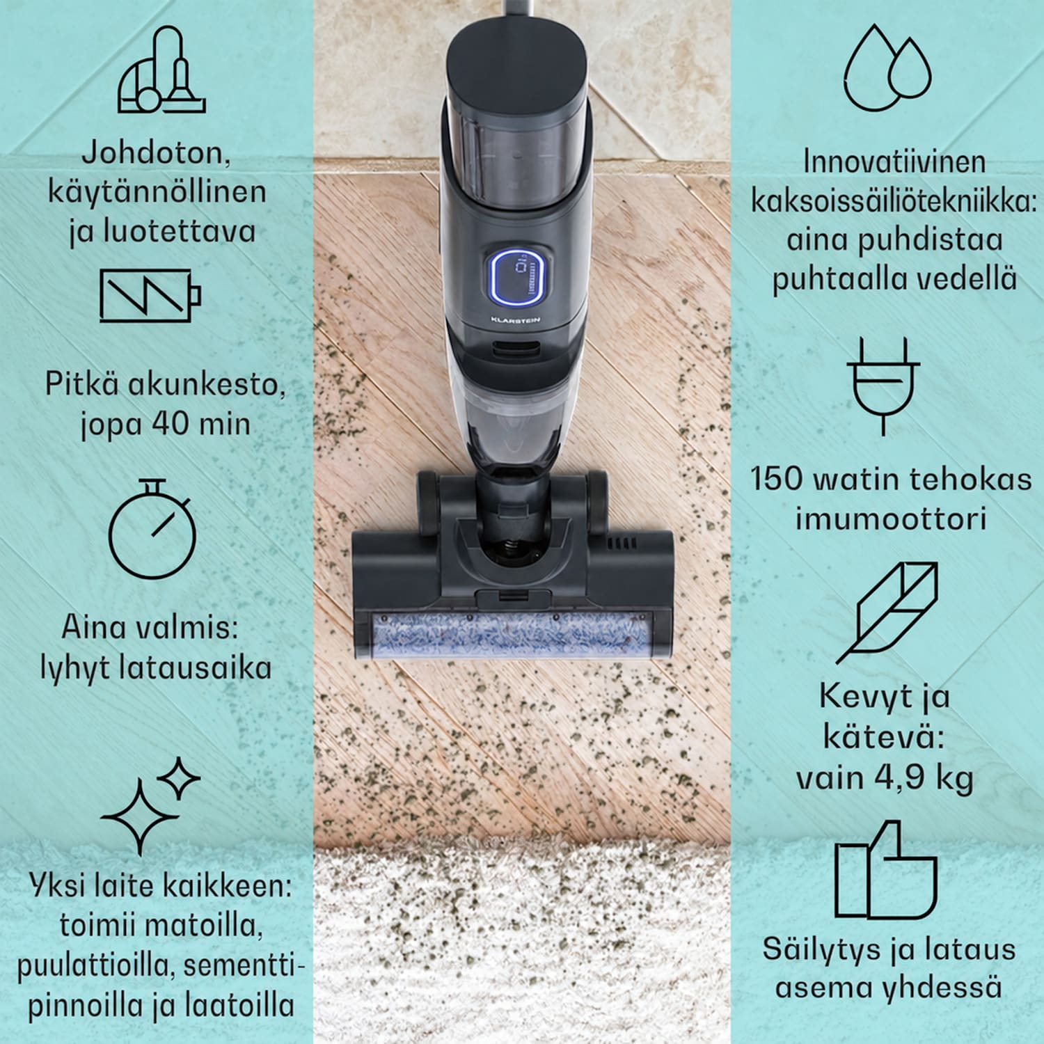 Caswell Plus märkä-kuivaimuri johdoton akkukäyttöinen LED-näyttö Antrasiitti