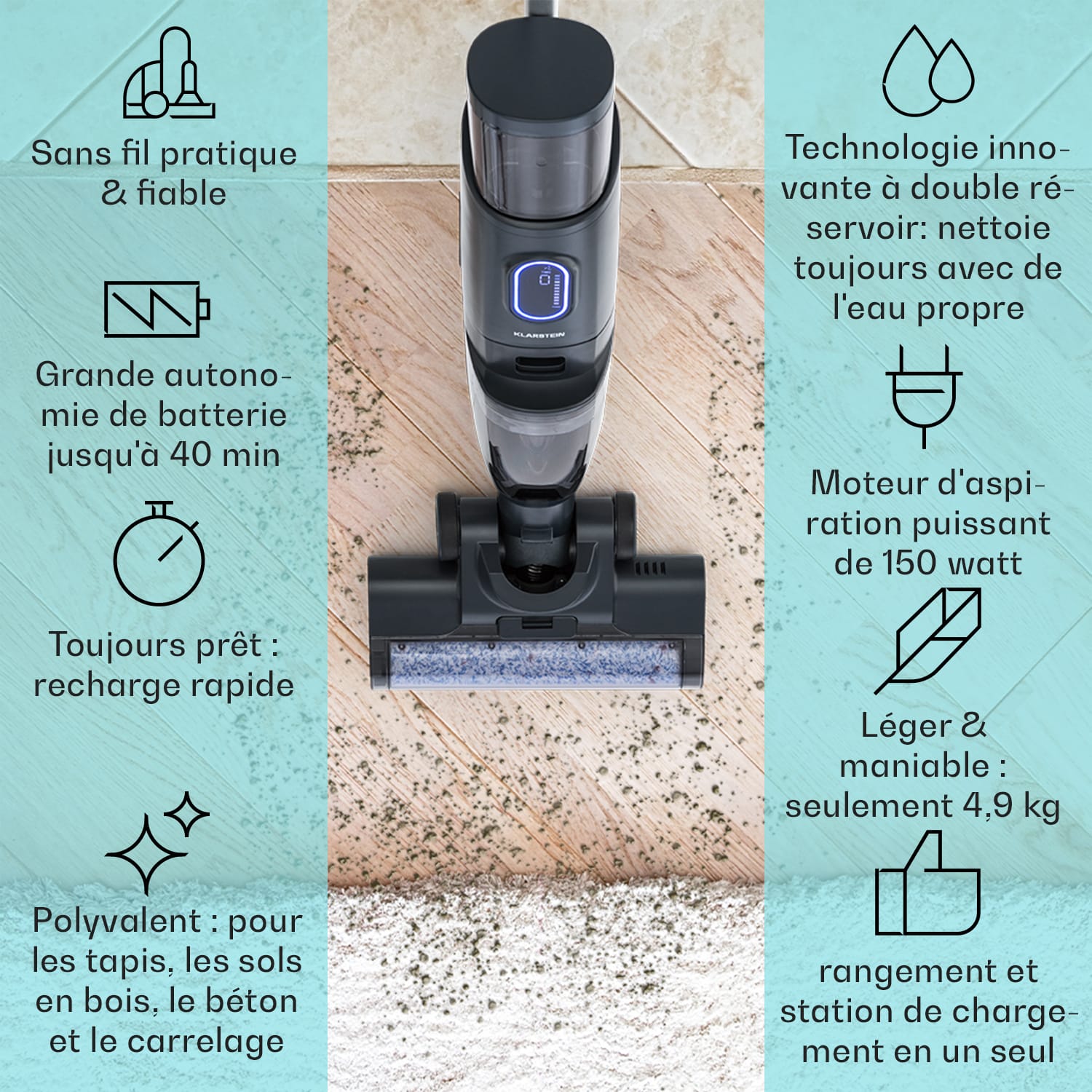 Caswell Plus nat-/droogzuiger snoerloos op accu LED-display Antraciet