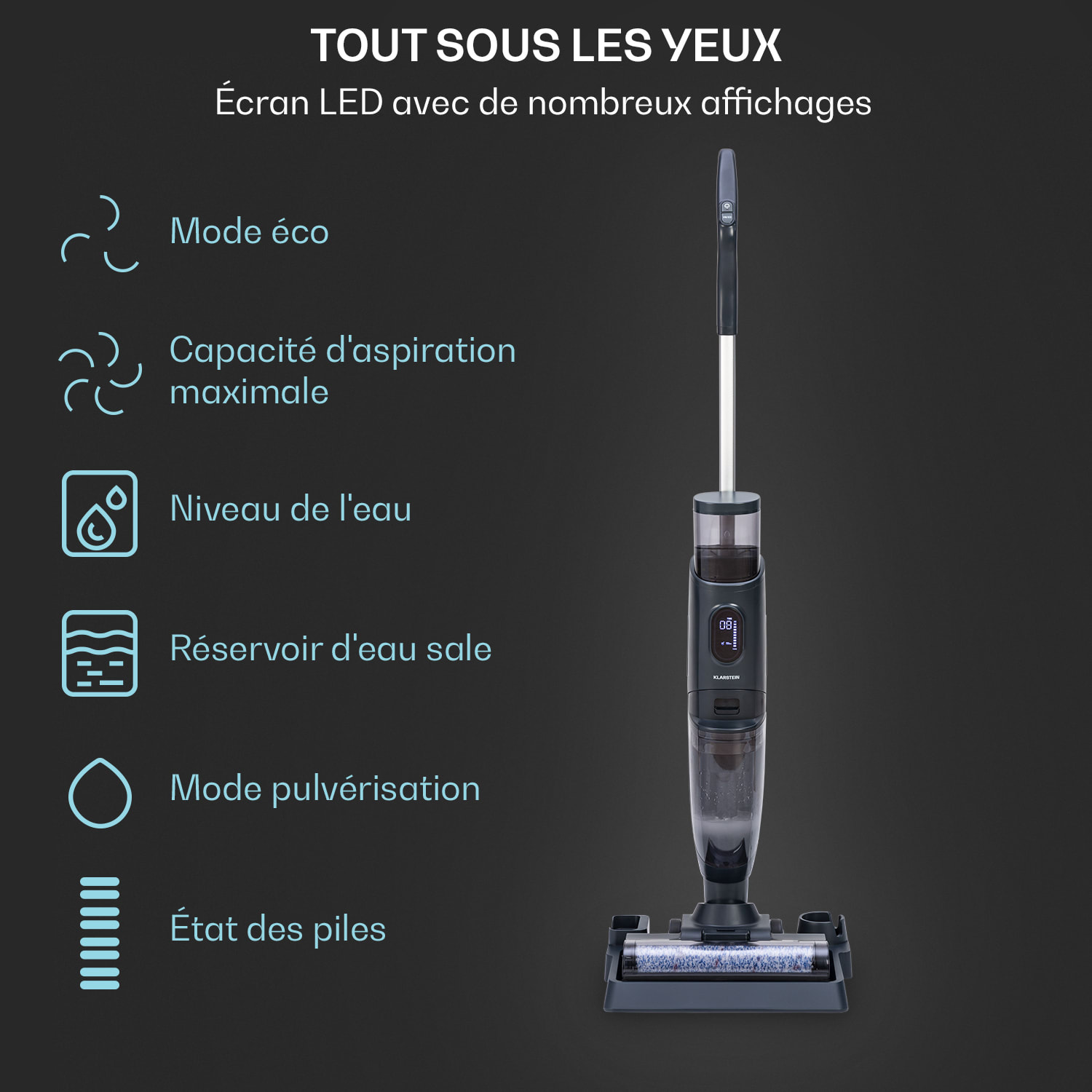 Caswell Plus nat-/droogzuiger snoerloos op accu LED-display Antraciet