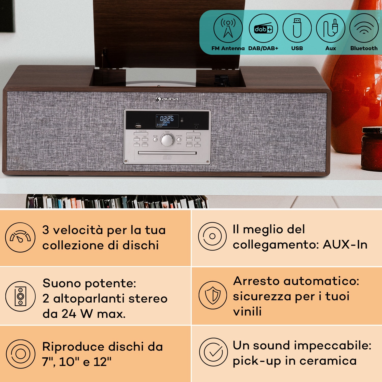 Julie Ann - Impianto stereo, CD, BT, USB, DAB+/FM, AUX-In Legno scuro