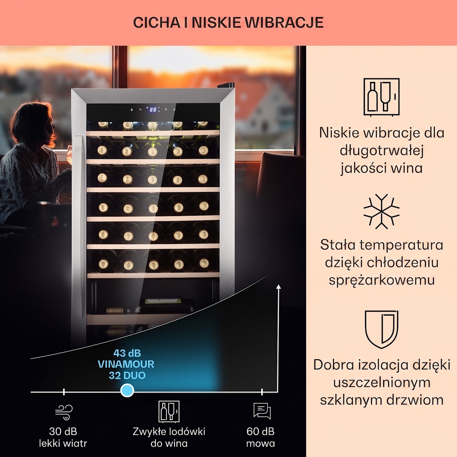 Vinamour 32 Uno, chłodziarka do wina, 1 strefa, 95 l/36 butelek, 4-18°C, sterowanie dotykowe 32 butelki | 1 strefa chłodzenia | Stal nierdzewna
