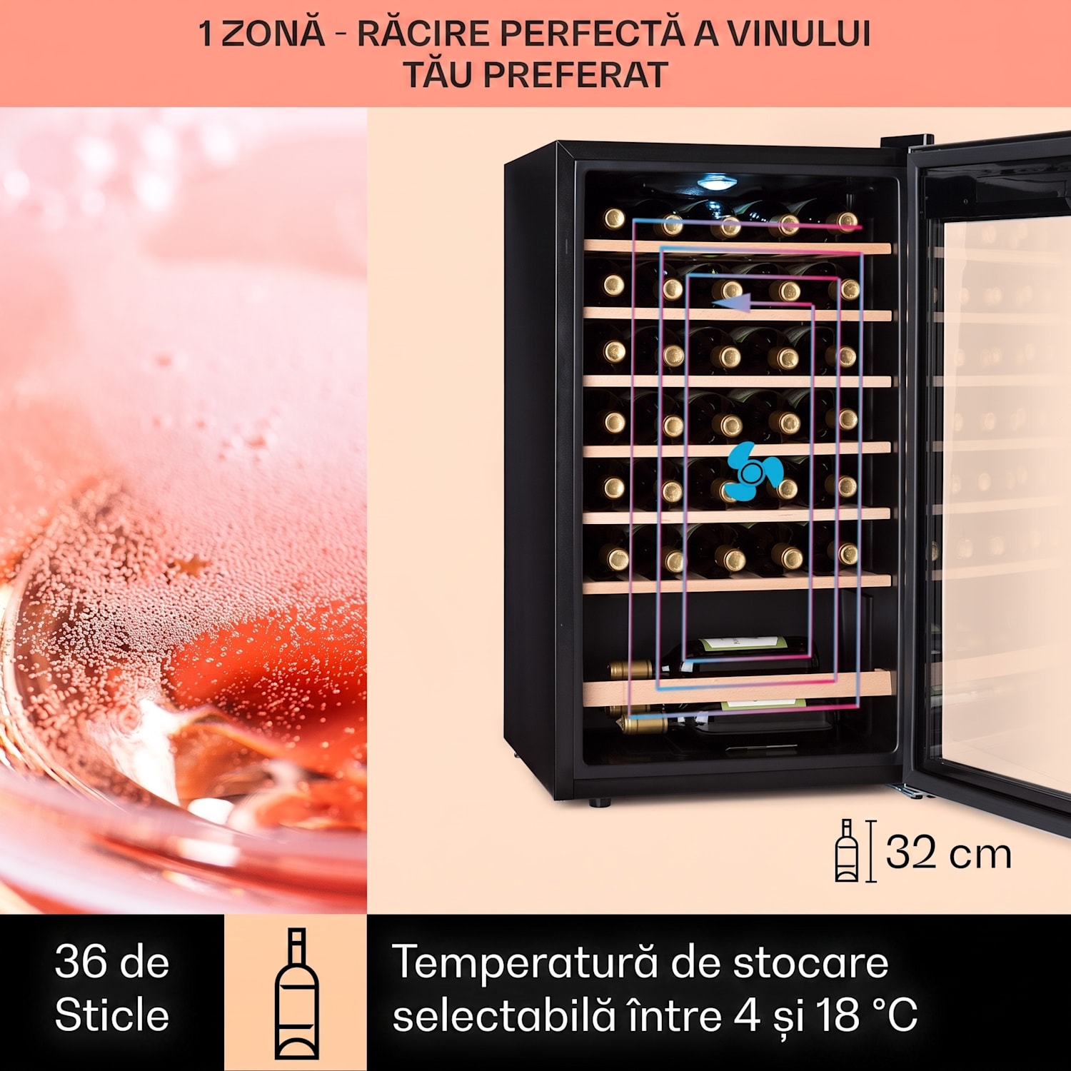 Vinamour 32 Uno, frigider pentru vin, 1 zonă, 95 l / 36 sticle, 4-18 °C, control tactil 32 de sticle | 1 | Oțel inoxidabil