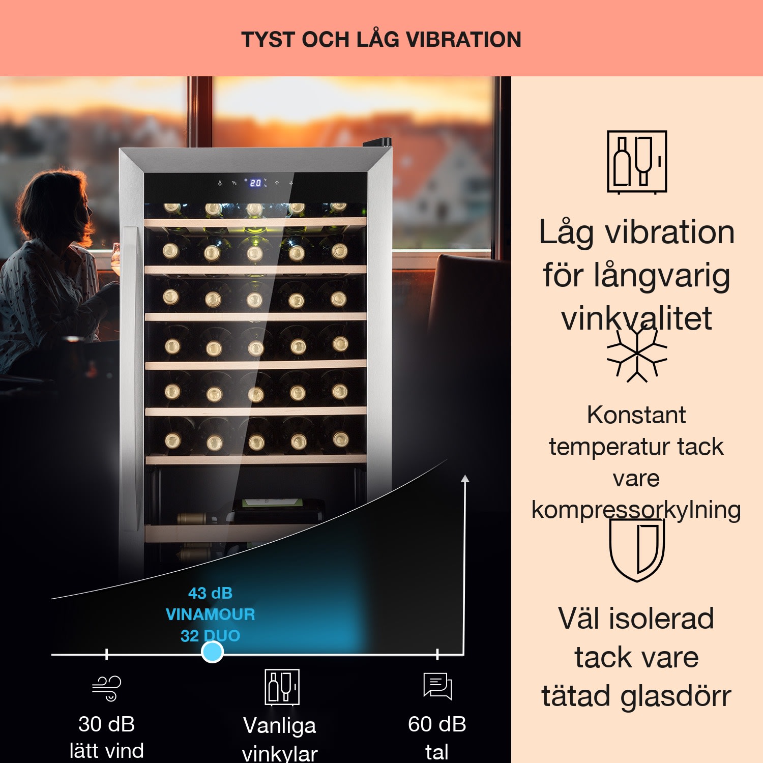 Vinamour 32 Uno Vinkylskåp 1 zon 95 l / 36 flaskor 4-18 °C touch 32 flaskor | 1 kylzon | Rostfritt Stål