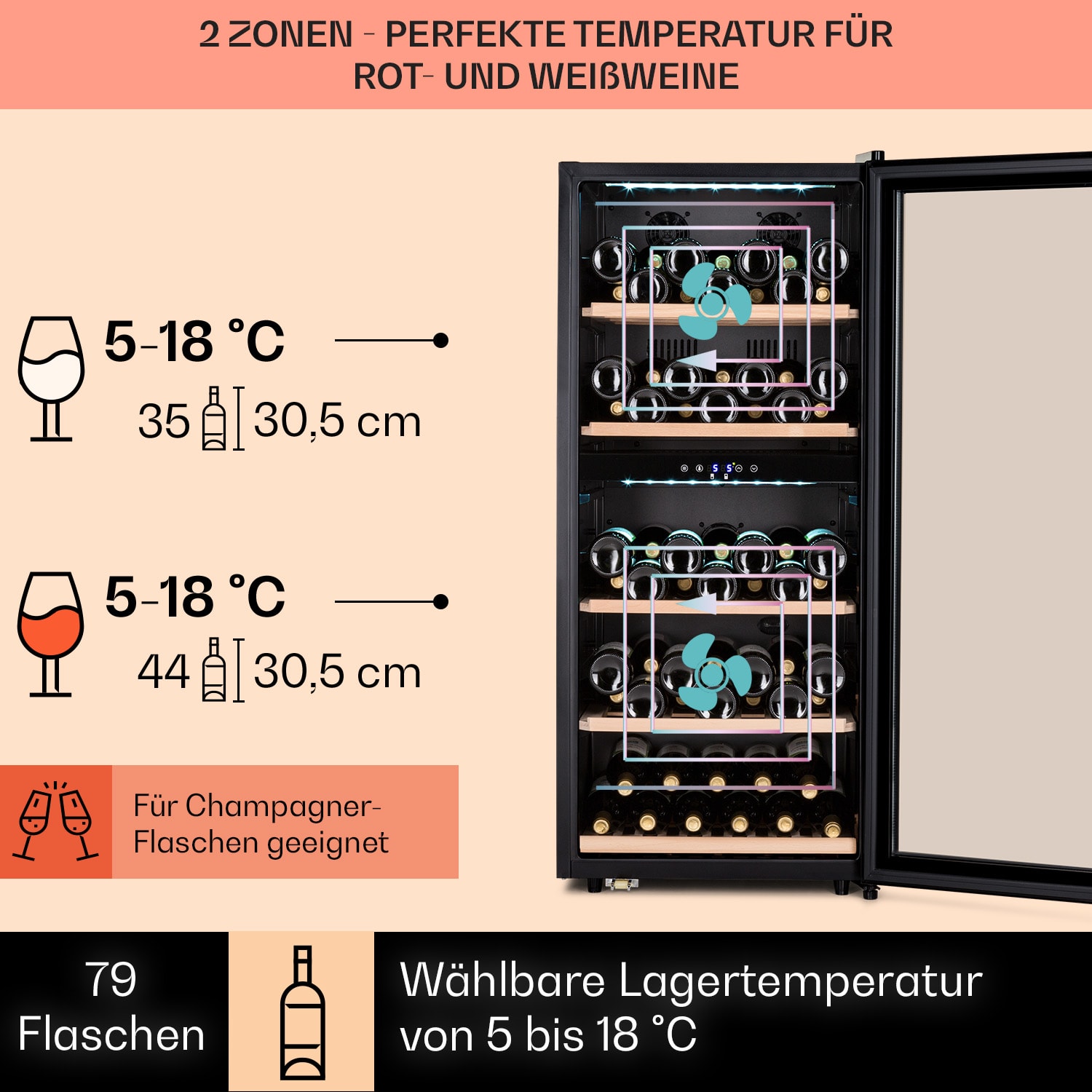 Vinamour 66 Duo Weinkühlschrank 2 Zonen 204 L/79 Flaschen 5-18°C Touch 