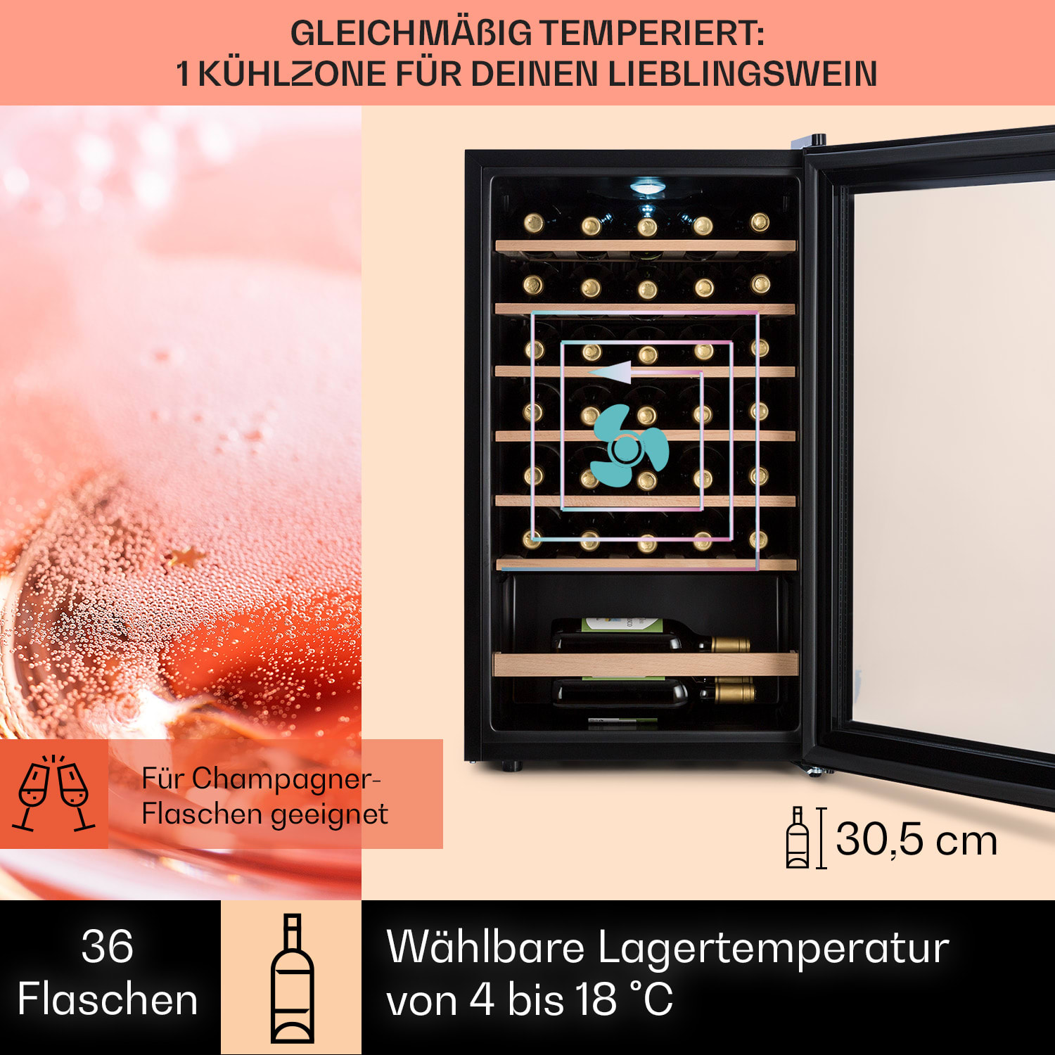 Barossa 32 Uno Weinkühlschrank 1 Zone 95 Liter / 36 Flaschen Touch-Display 