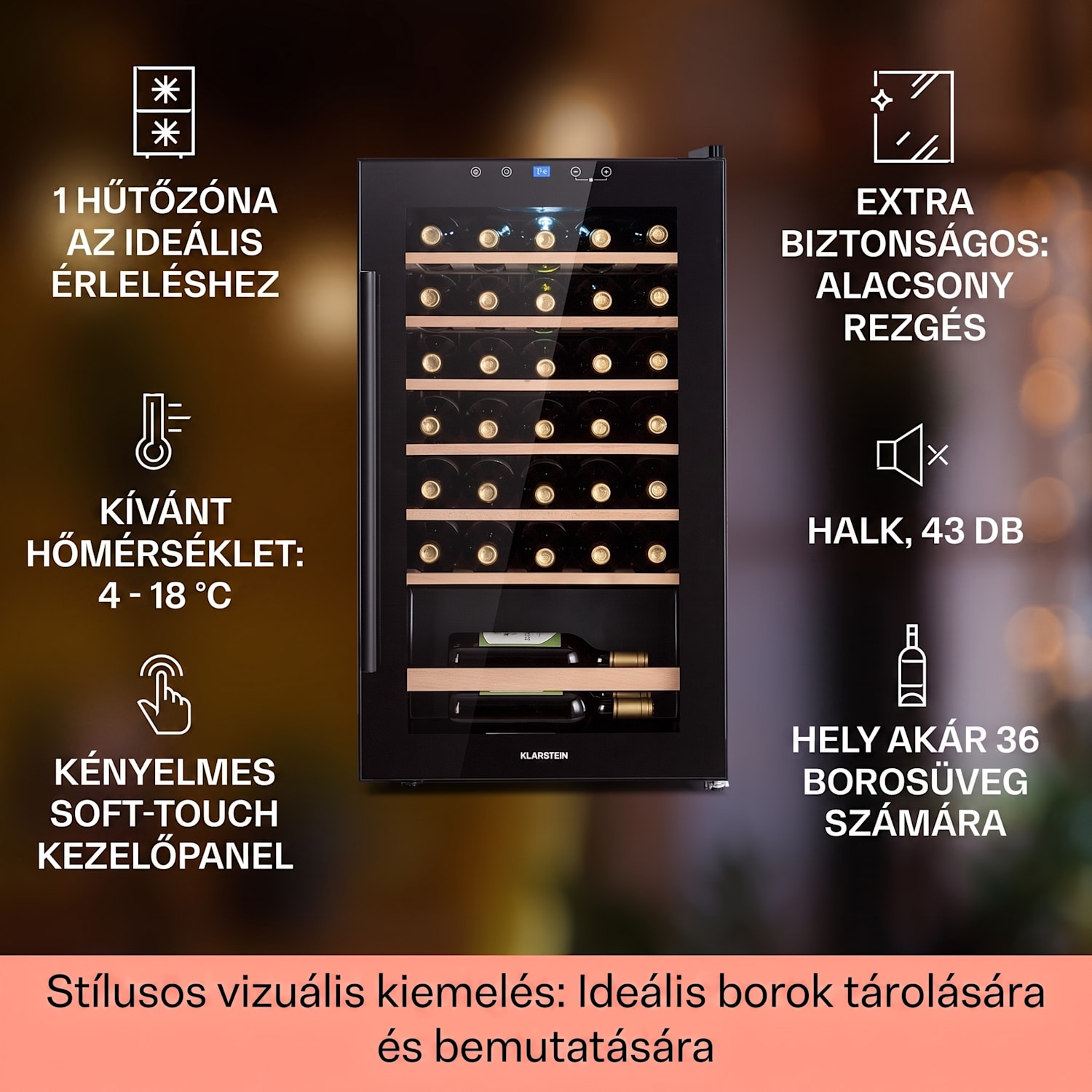Barossa 36 Uno, borhűtő, 95 liter, 36 palack, 1 zóna, érintőképernyő 1 hűtőzóna | 36 palack