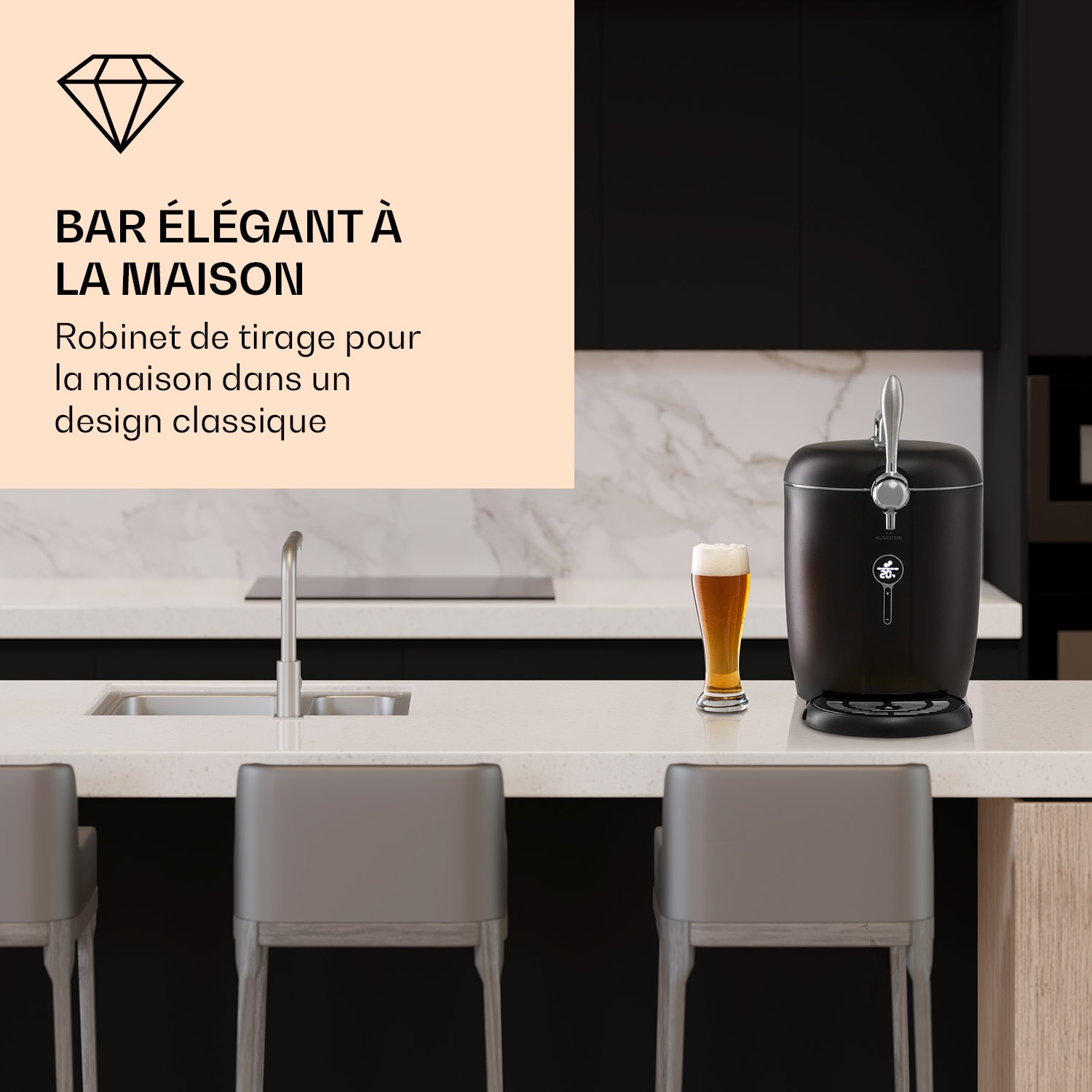 Système de tirage de bière Passau 6 l fût universel pompe à air comprimé 3 - 12 °C 65 W Noir / Argent Métallisé