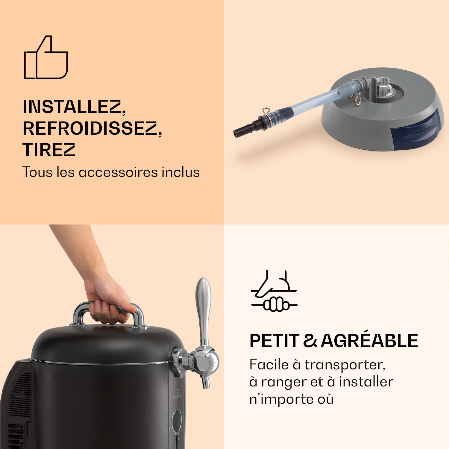 Système de tirage de bière Passau 6 l fût universel pompe à air comprimé 3 - 12 °C 65 W Noir / Argent Métallisé