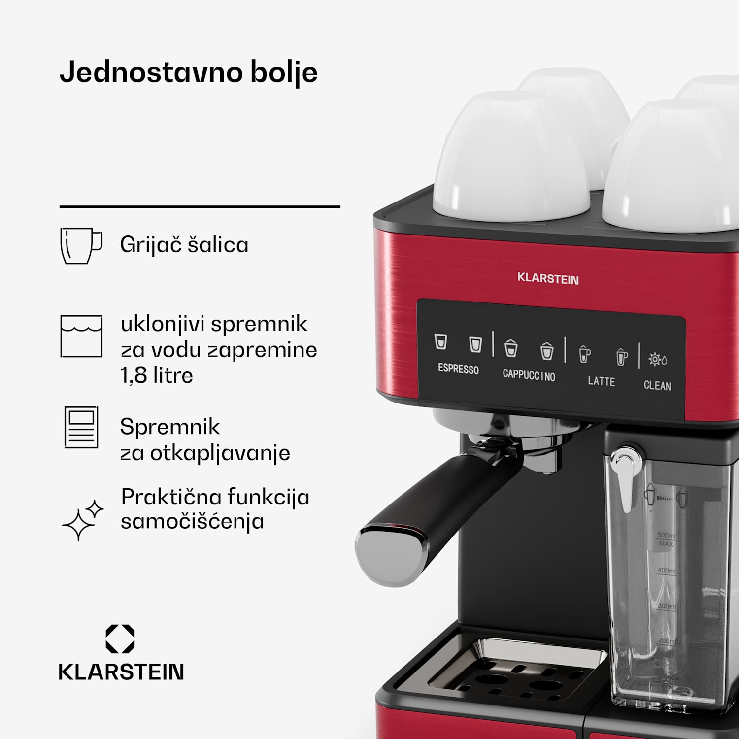 Klarstein aparat za kavu 1,8 L s pjenilicom za mlijeko, aparat za kavu s polugom 20 bara, mali aparat za mljevenu kavu snage 1350 W, aparat za kavu barista za ice cafe cappuccino latte espresso Crvena