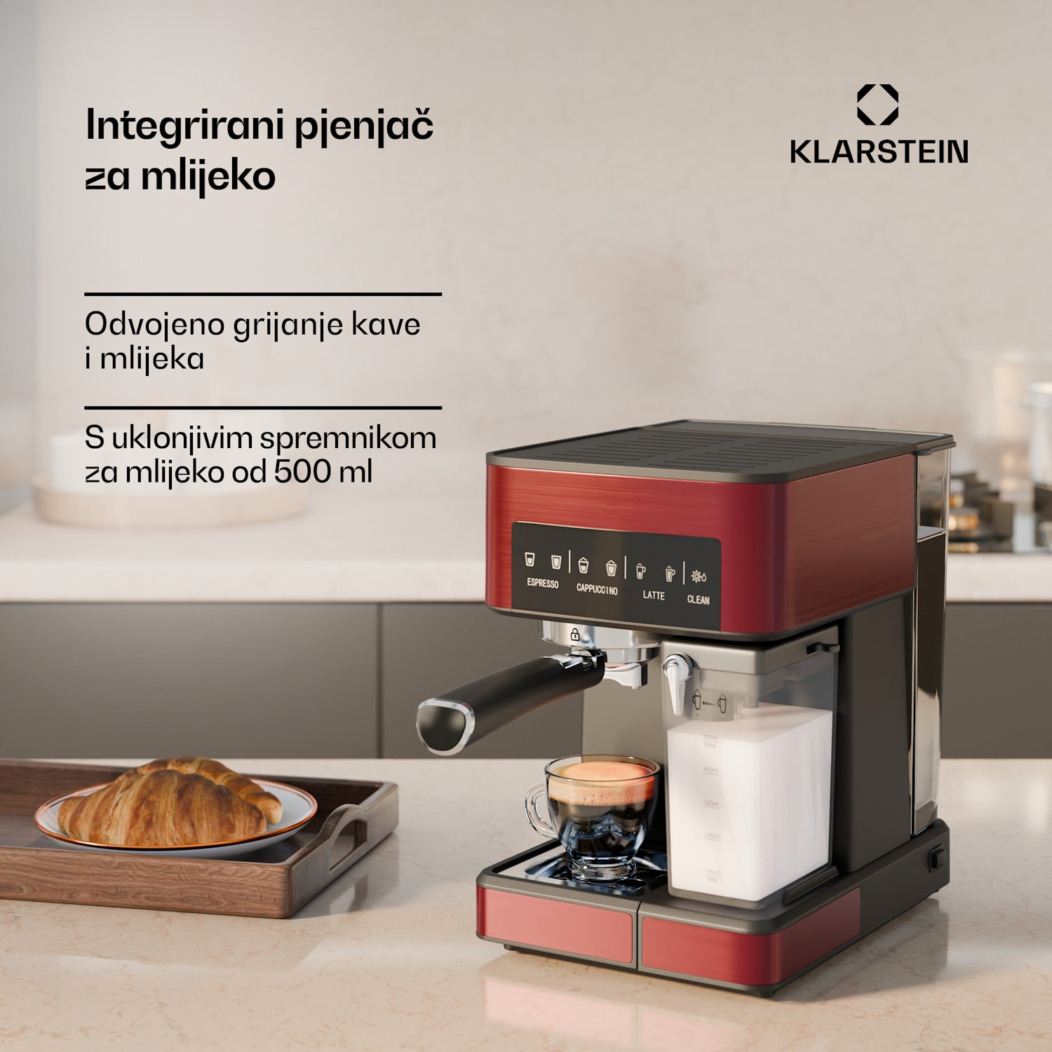 Klarstein aparat za kavu 1,8 L s pjenilicom za mlijeko, aparat za kavu s polugom 20 bara, mali aparat za mljevenu kavu snage 1350 W, aparat za kavu barista za ice cafe cappuccino latte espresso Crvena