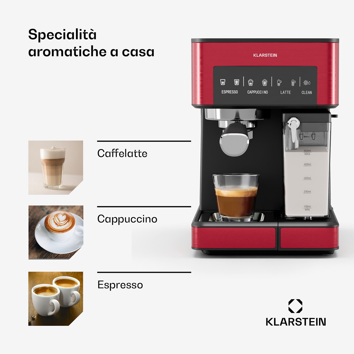 Caffettiera Klarstein da 1,8 l con montalatte, caffettiera espresso da 20 bar, piccola caffettiera da 1350 W per caffè macinato, macchina espresso Barista per caffè freddo cappuccino latte espresso Rosso