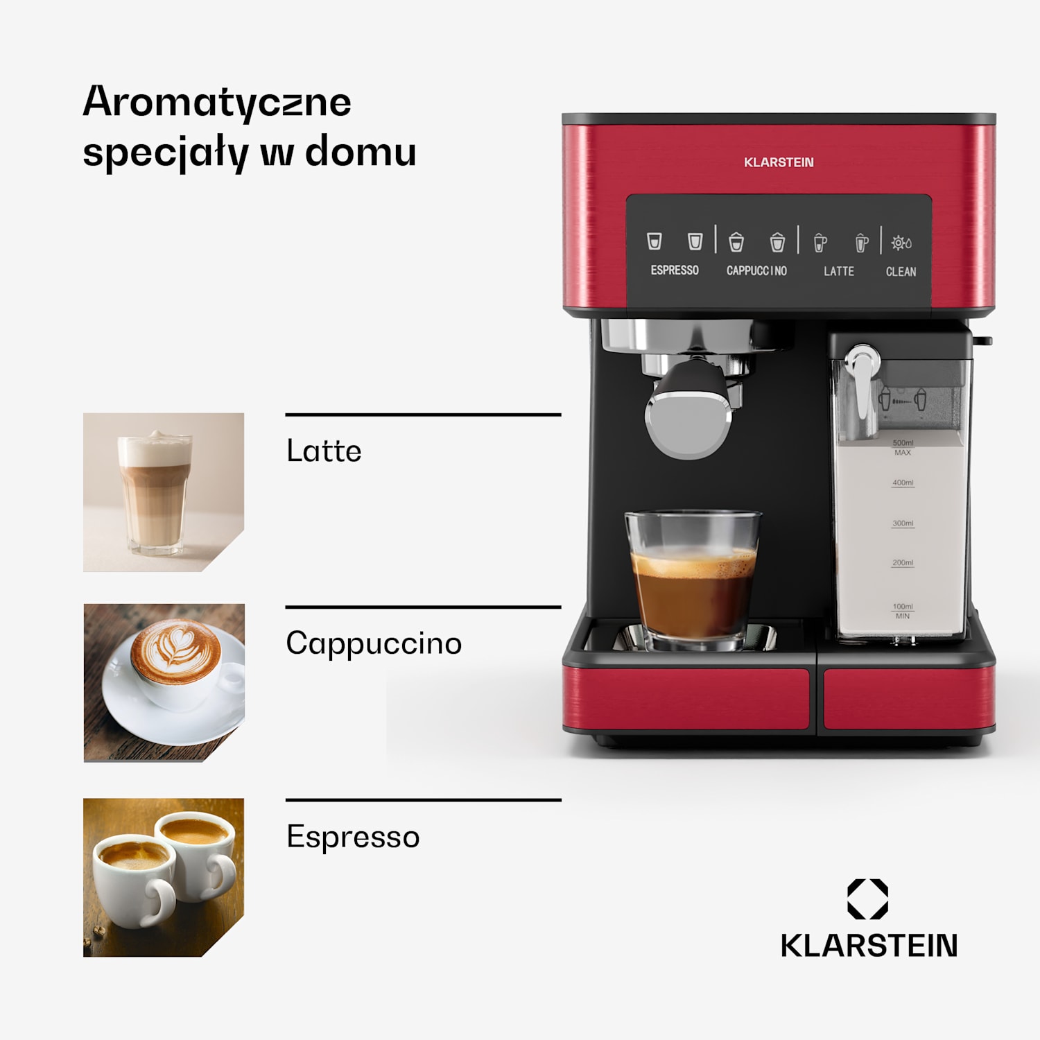 Ekspres do kawy Klarstein 1,8 l ze spieniaczem mleka, kolbowy ekspres do kawy 20 bar, mały ekspres do kawy o mocy 1350 W, ekspres barystyczny do kawy mrożonej cappuccino latte espresso 