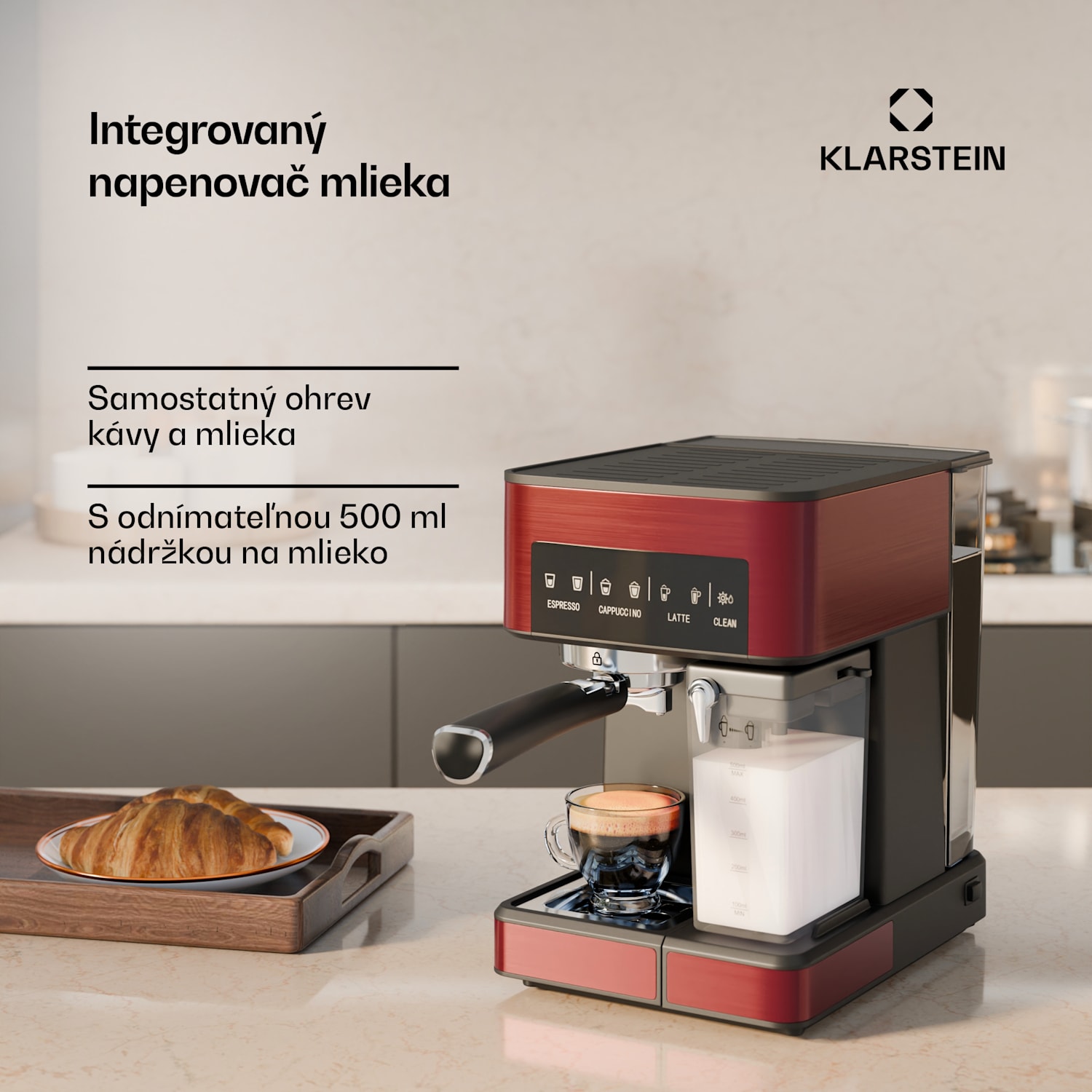 Klarstein 1,8 l kávovar s napeňovačom mlieka, 20 barový pákový kávovar, malý kávovar na mletú kávu s výkonom 1350 W, baristický kávovar na ľadovú kávu cappuccino latte espresso Červená