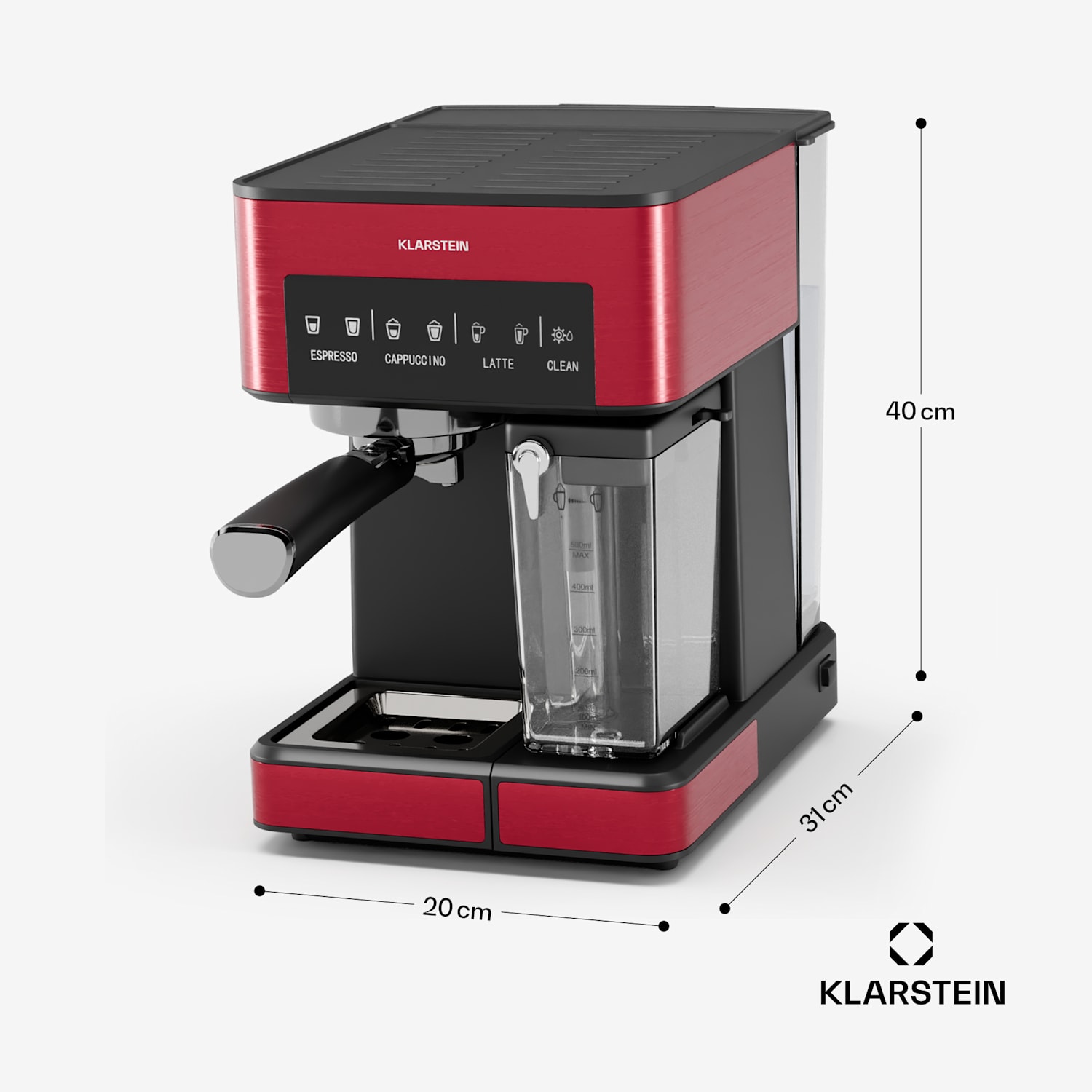 Cafetera Klarstein 1.8L con espumador de leche, Cafetera espresso 20 bar, Cafetera pequeña 1350 W para café molido, Cafetera espresso barista para café helado cappuccino latte espresso