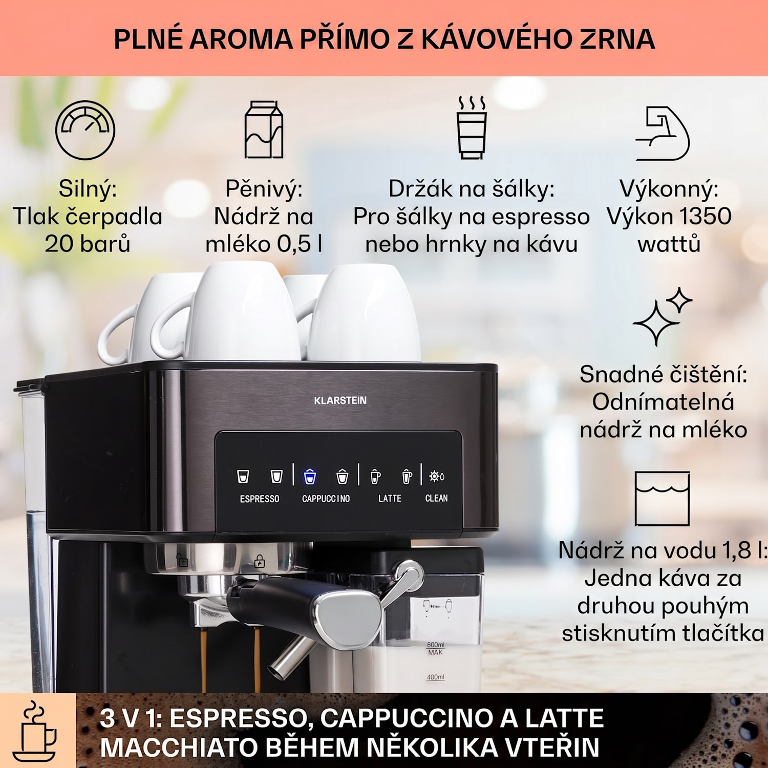 Arabica Comfort, kávovar s portafiltrem, 1350 W, 20 bar, 1,8 l, dotykový displej Černá