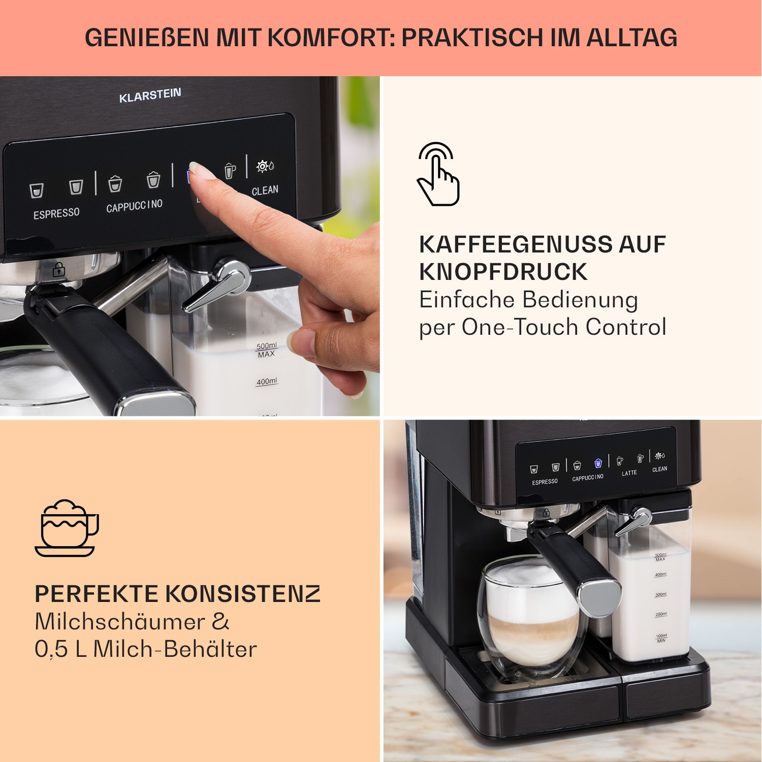 Arabica Comfort Siebträgermaschine 1350W 20 Bar 1,8l Touch-Bedienfeld 