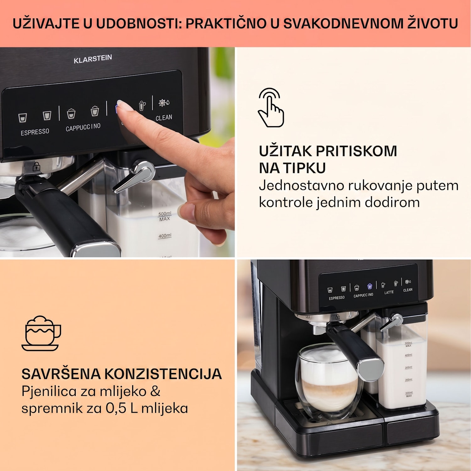 Arabica Comfort, aparat za kavu s portafilterom, 1350W, 20 bara, 1,8 l, upravljačka površina osjetljiva na dodir Crna