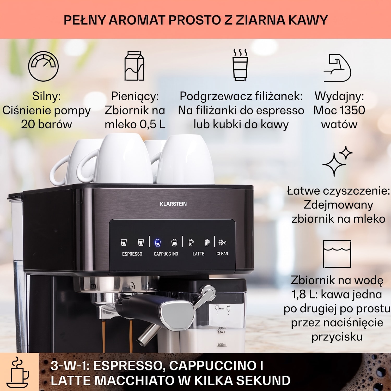 Arabica Comfort, ekspres do kawy kolbowy, 1350 W, 20 Bar, 1,8 l, dotykowy panel sterowania, stal szlachetna Czarny