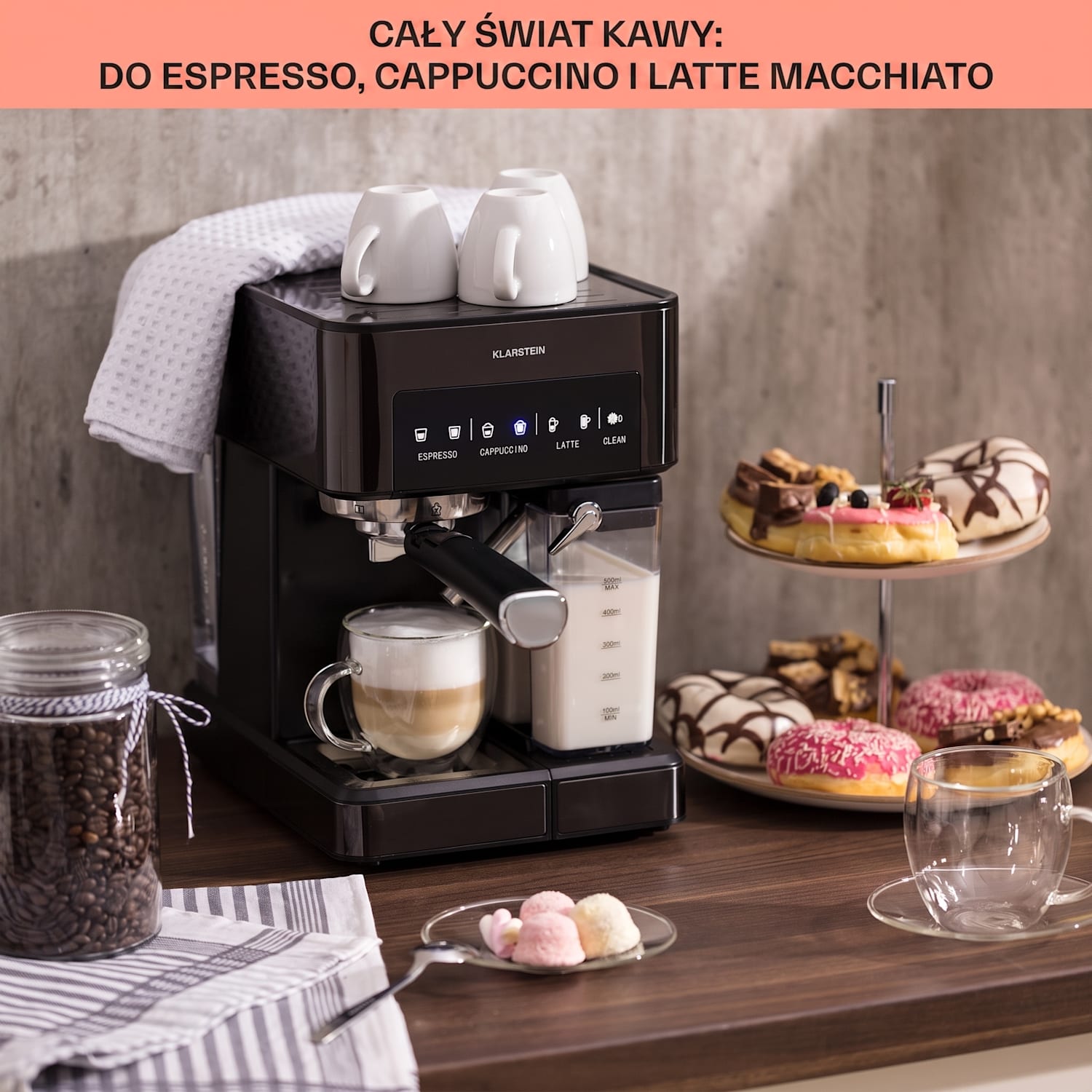 Arabica Comfort, ekspres do kawy kolbowy, 1350 W, 20 Bar, 1,8 l, dotykowy panel sterowania, stal szlachetna Czarny