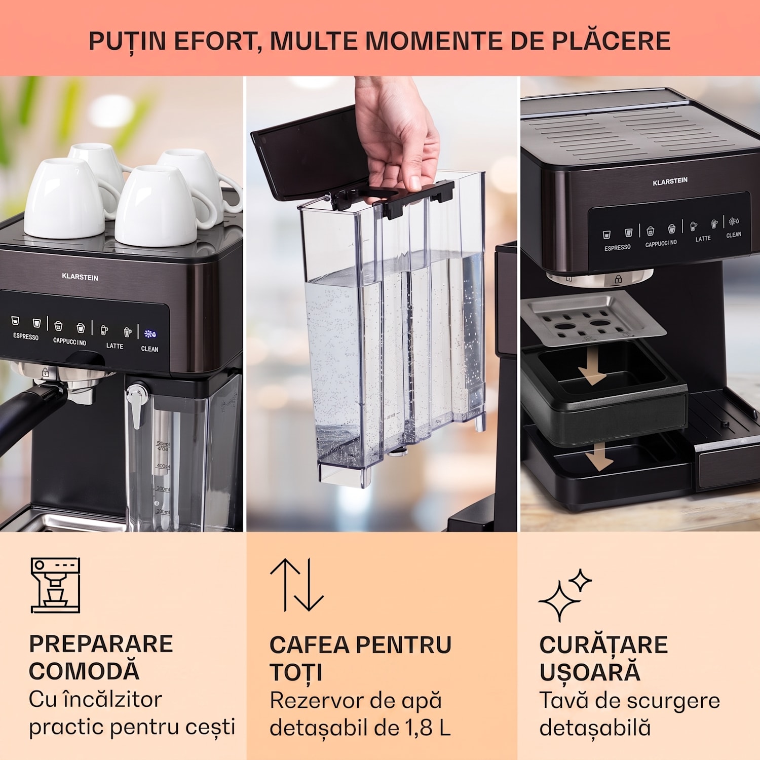 Mașină de cafea Arabica Comfort cu portafiltru, 1350W, 20 bar, 1,8 l, suprafață de control tactil Negru
