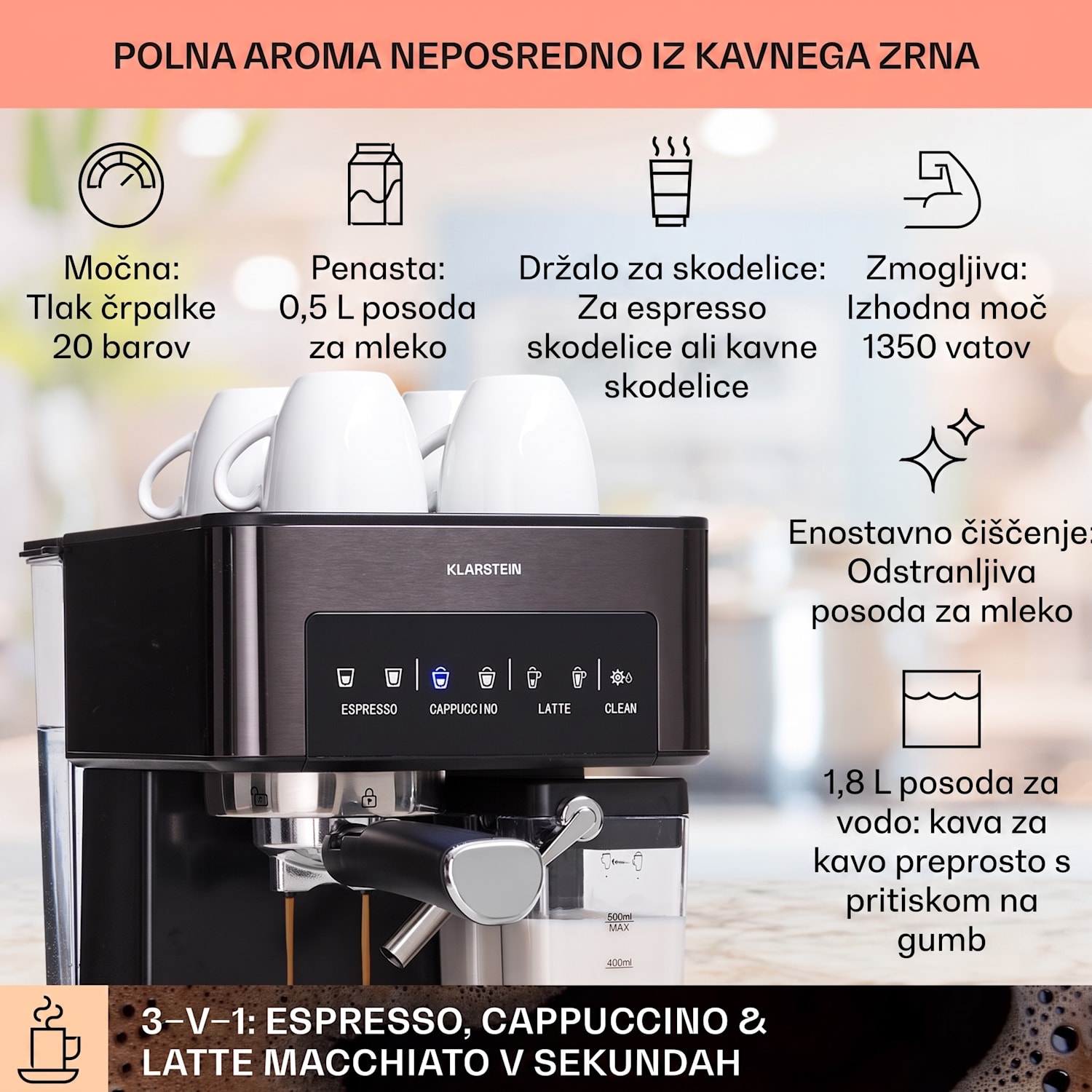 Arabica Comfort kavni aparat s porta filtrom, 1350W, 20 barov, 1,8l, nadzorna plošča na dotik Črna