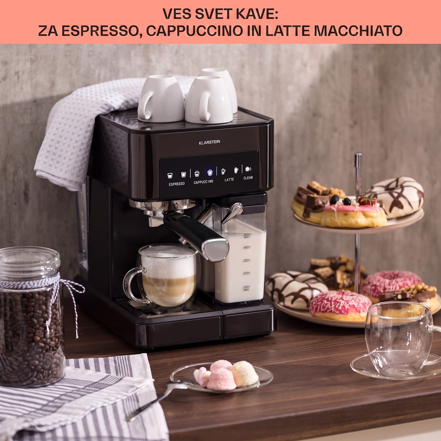 Arabica Comfort kavni aparat s porta filtrom, 1350W, 20 barov, 1,8l, nadzorna plošča na dotik Črna