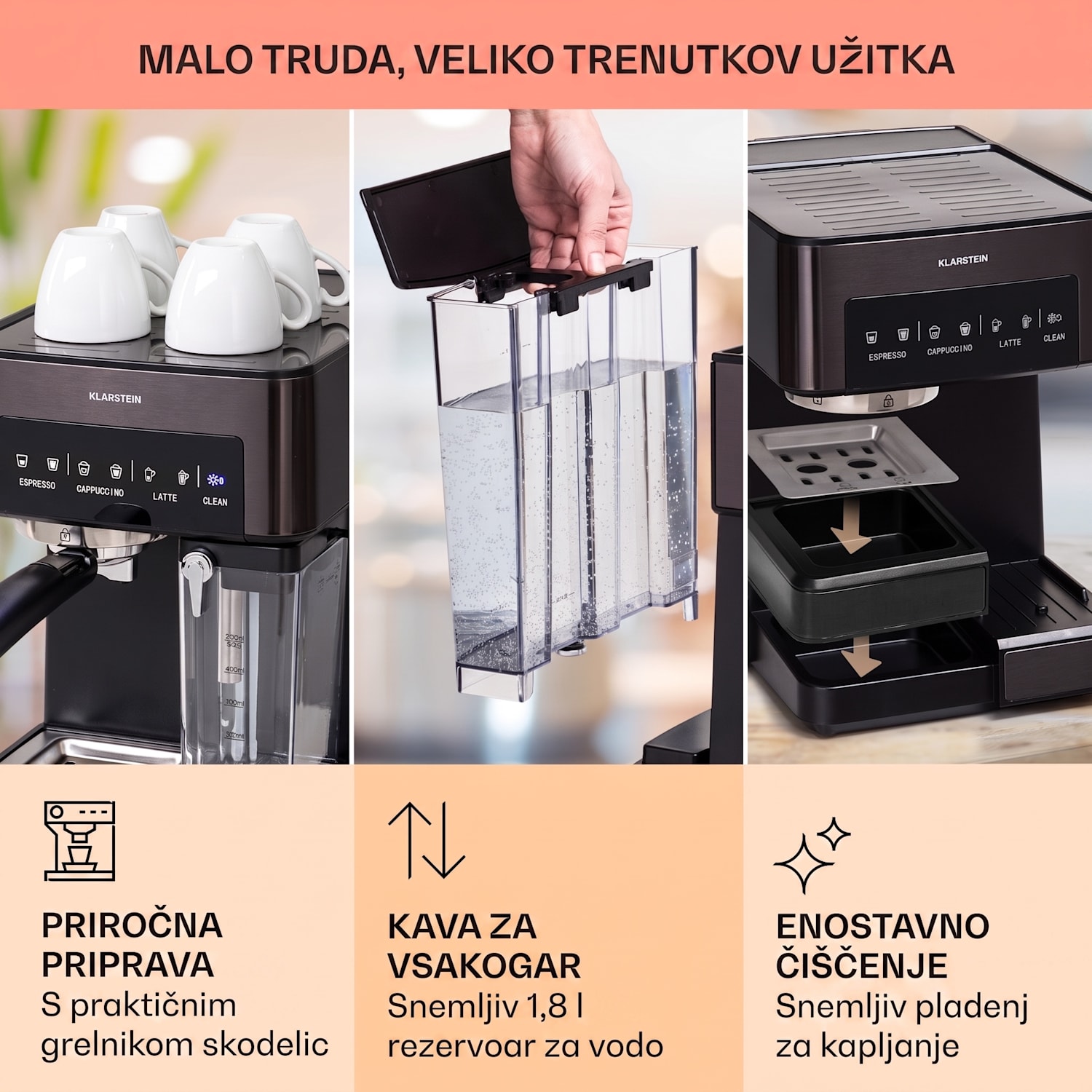 Arabica Comfort kavni aparat s porta filtrom, 1350W, 20 barov, 1,8l, nadzorna plošča na dotik Črna