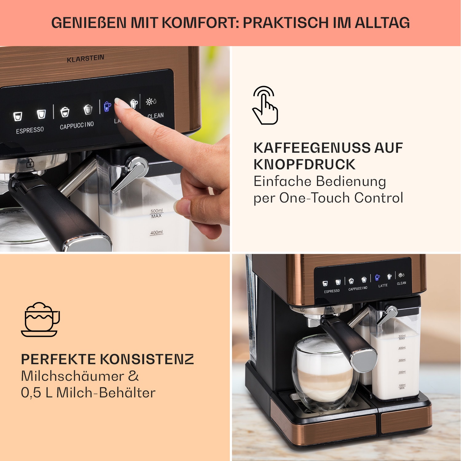 Arabica Comfort Siebträgermaschine 1350W 20 Bar 1,8l Touch-Bedienfeld Kupfer-Metallic