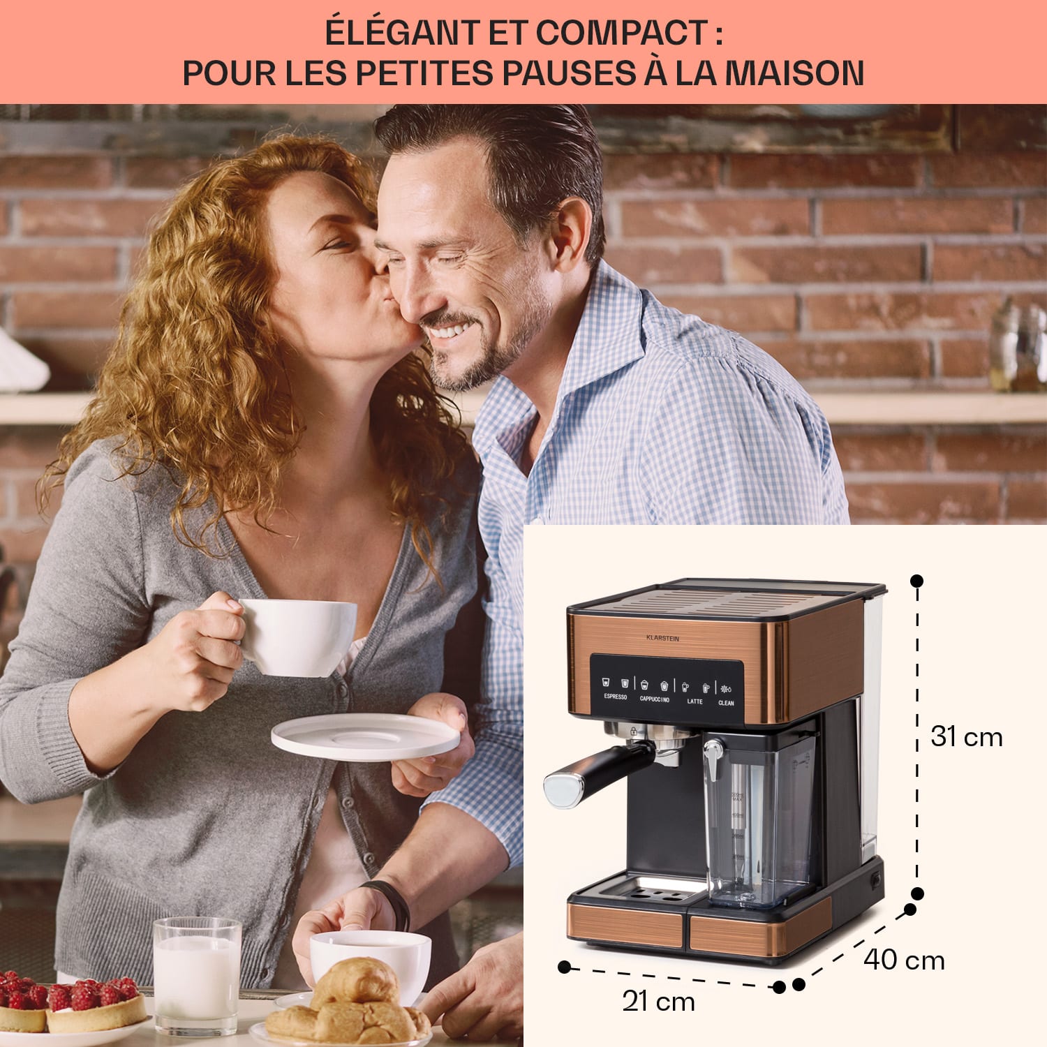 Arabica Comfort portafiltermachine 1350 watt 20 bar 1,8 liter touch control Koper Metallic